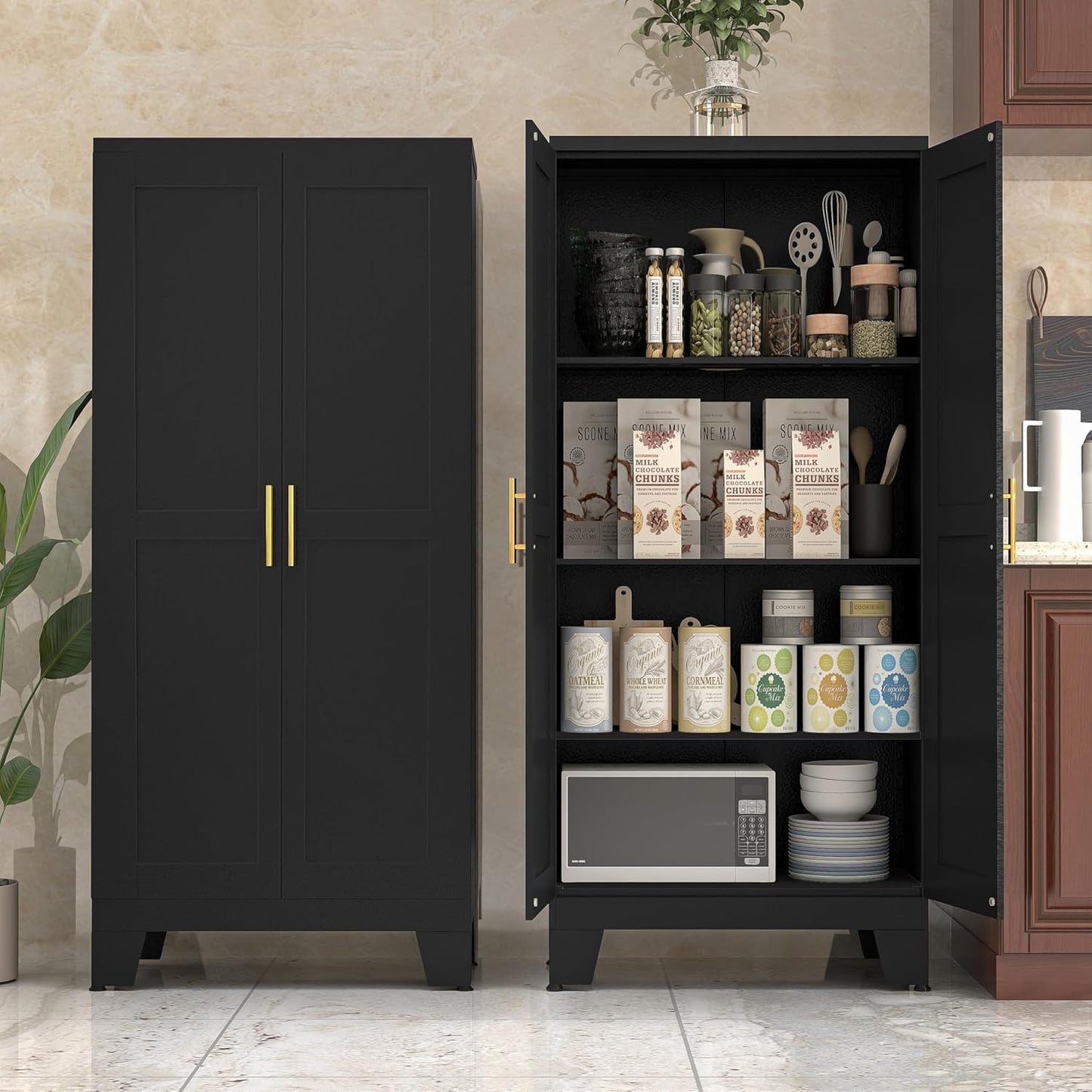 White Metal Kitchen Storage Cabinet, Kitchen Pantry Storage Cabinet with Doors and Shelves, Storage Cabinet with Adjustable Leveling Foot for Kitchen, Living Room and Dining Room. 61" H