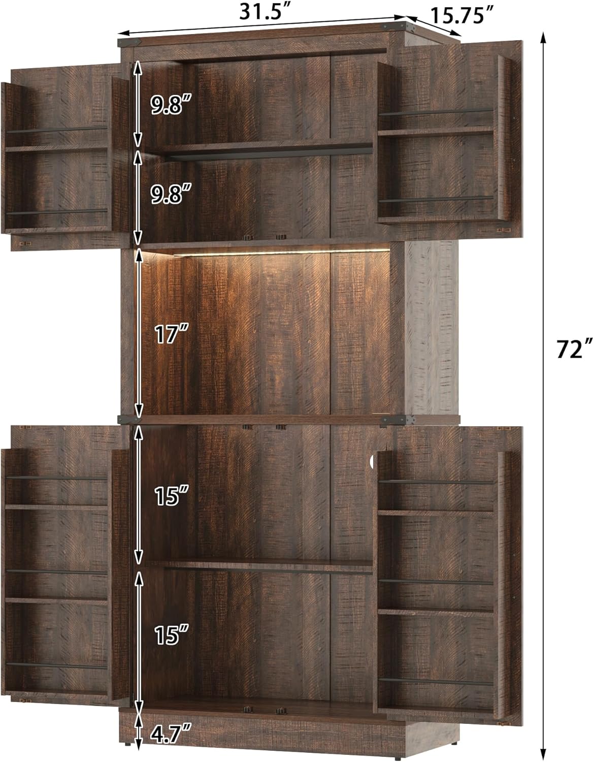 72" Tall Farmhouse Kitchen Pantry Cabinet with LED Light and Power Outlet,Modern Farmhouse Kitchen Storage Cabinet w Load-Bearing Steel Pipe,Barn Doors, Organizer,Food Pantry Cabinets(Rustic Brown)