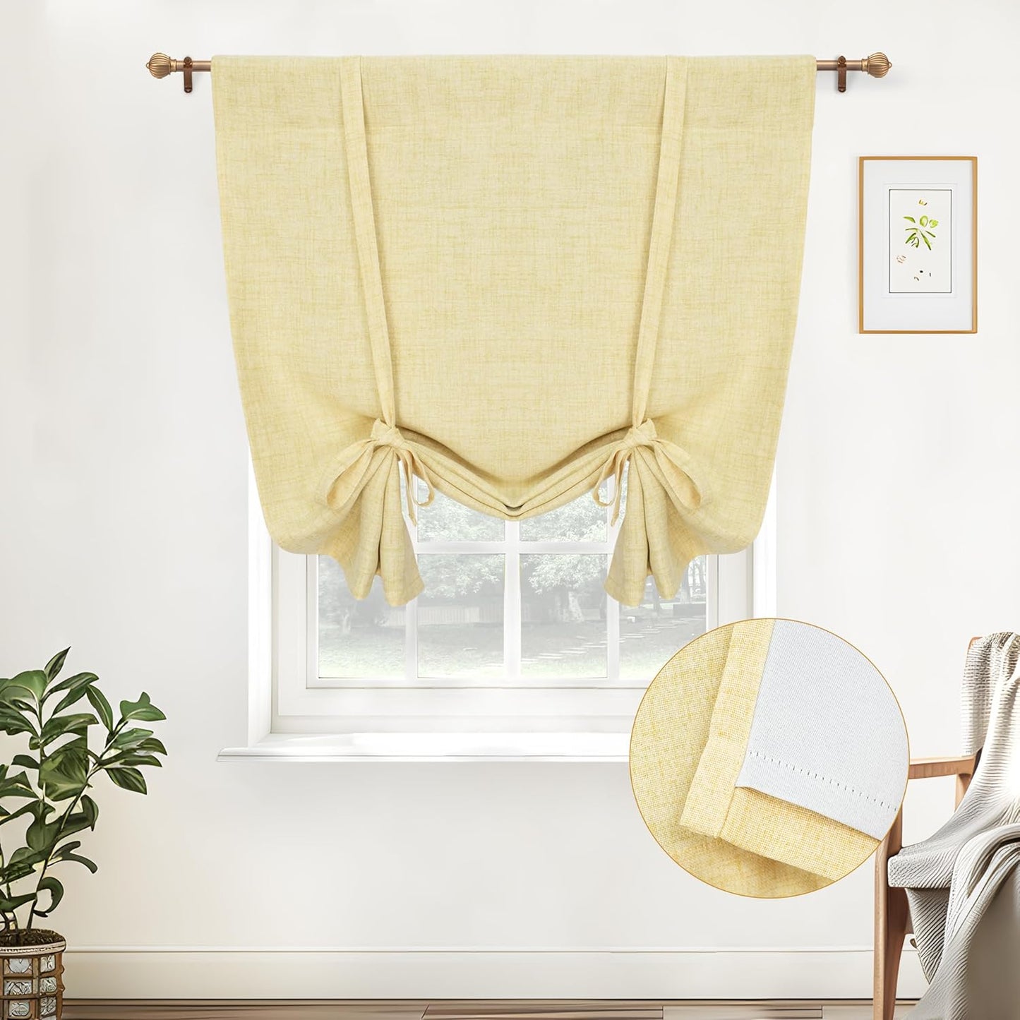 DriftAway Double Layer Linen Blackout Tie Up Curtains Thermal Insulated Fully Lined Balloon Roman Shade Bathroom Window Adjustable Rod Pocket for Small Window 31 Inch by 47 Inch Light Linen