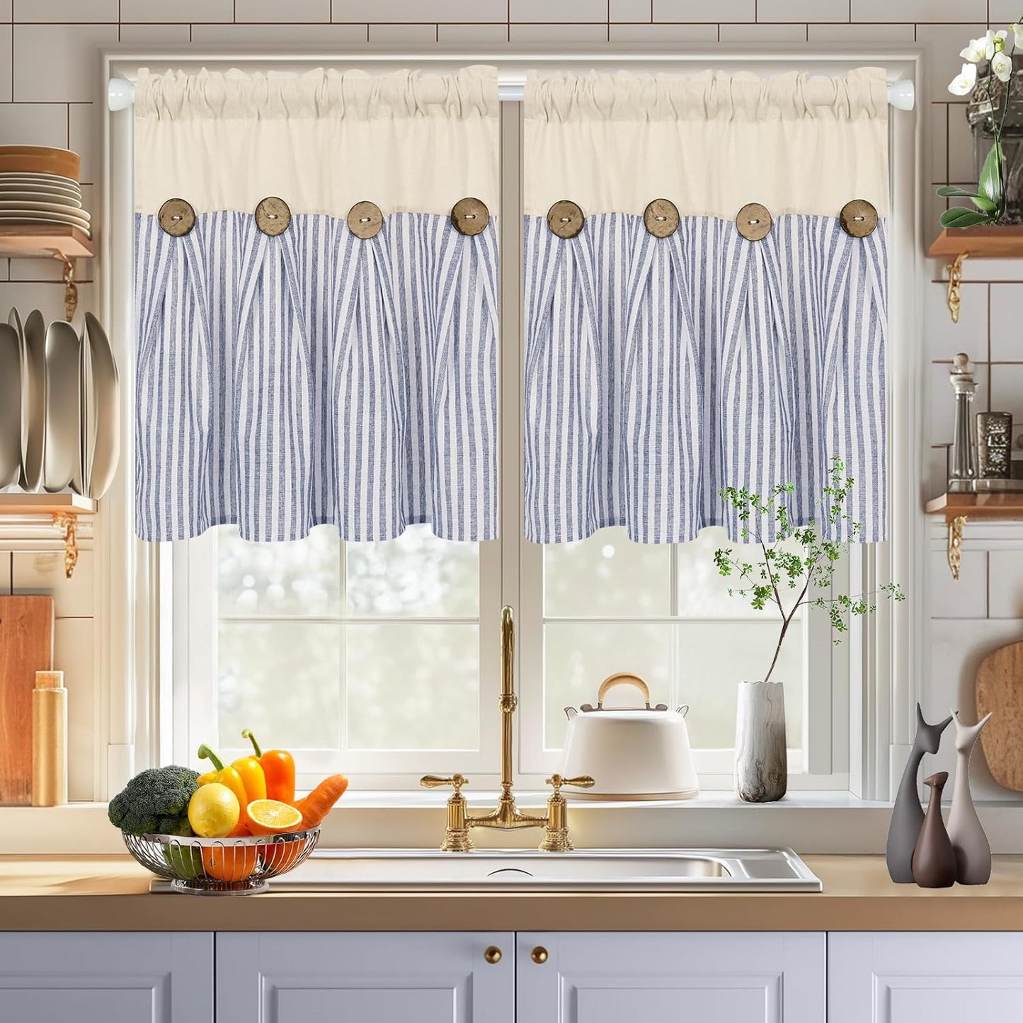 ASPMIZ Cotton Linen Window Treatment Tiers 24 Inch, Boho Rustic Button Kitchen Curtains Farmhouse Style, Grey Stripe Half Window Curtains, Country Short Rod Pocket Curtain for Small Window, 2 Panels