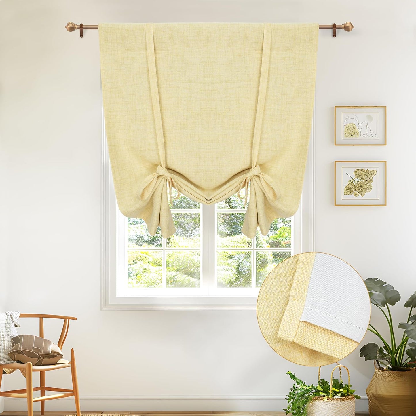 DriftAway Double Layer Linen Blackout Tie Up Curtains Thermal Insulated Fully Lined Balloon Roman Shade Bathroom Window Adjustable Rod Pocket for Small Window 31 Inch by 47 Inch Light Linen