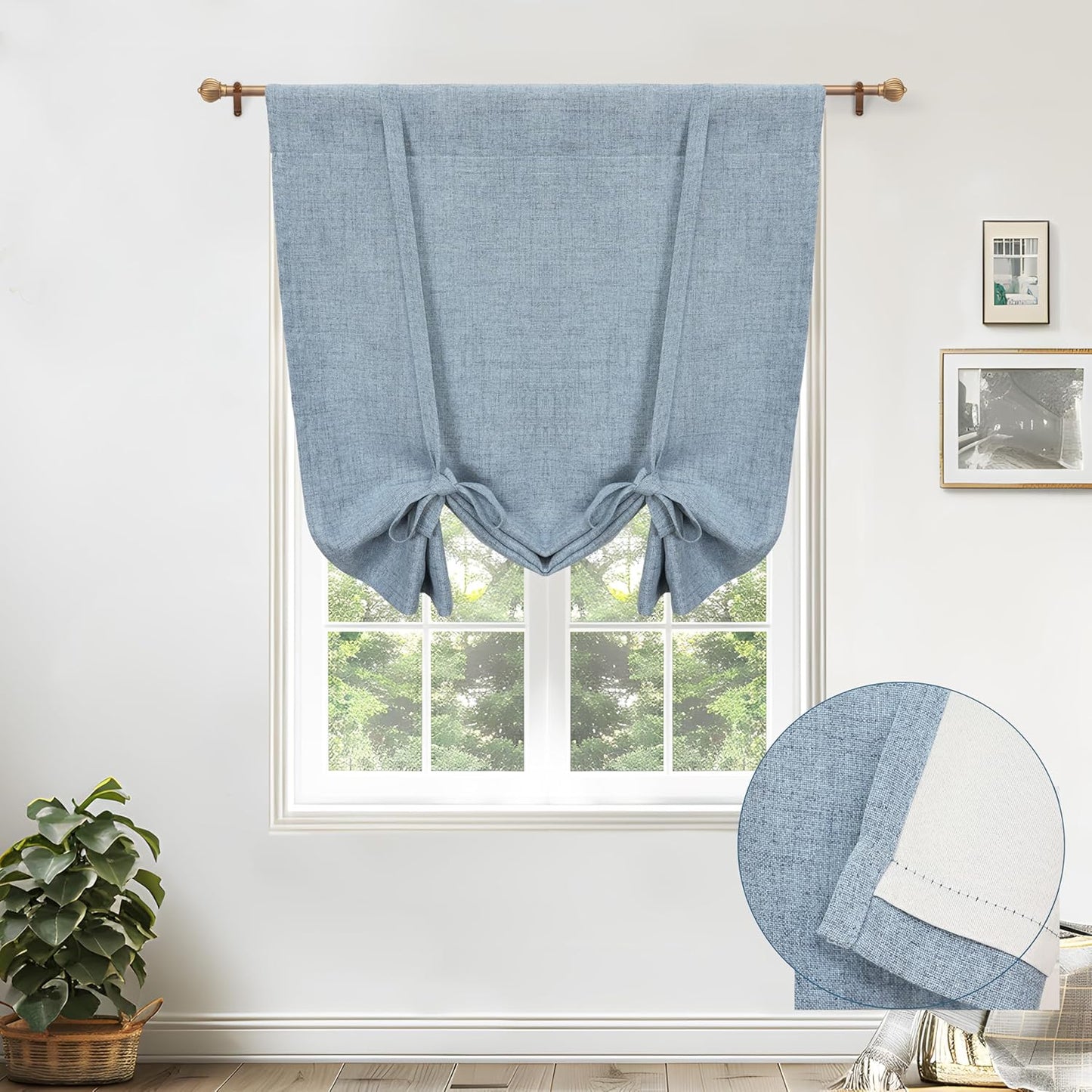 DriftAway Double Layer Linen Blackout Tie Up Curtains Thermal Insulated Fully Lined Balloon Roman Shade Bathroom Window Adjustable Rod Pocket for Small Window 31 Inch by 47 Inch Light Linen
