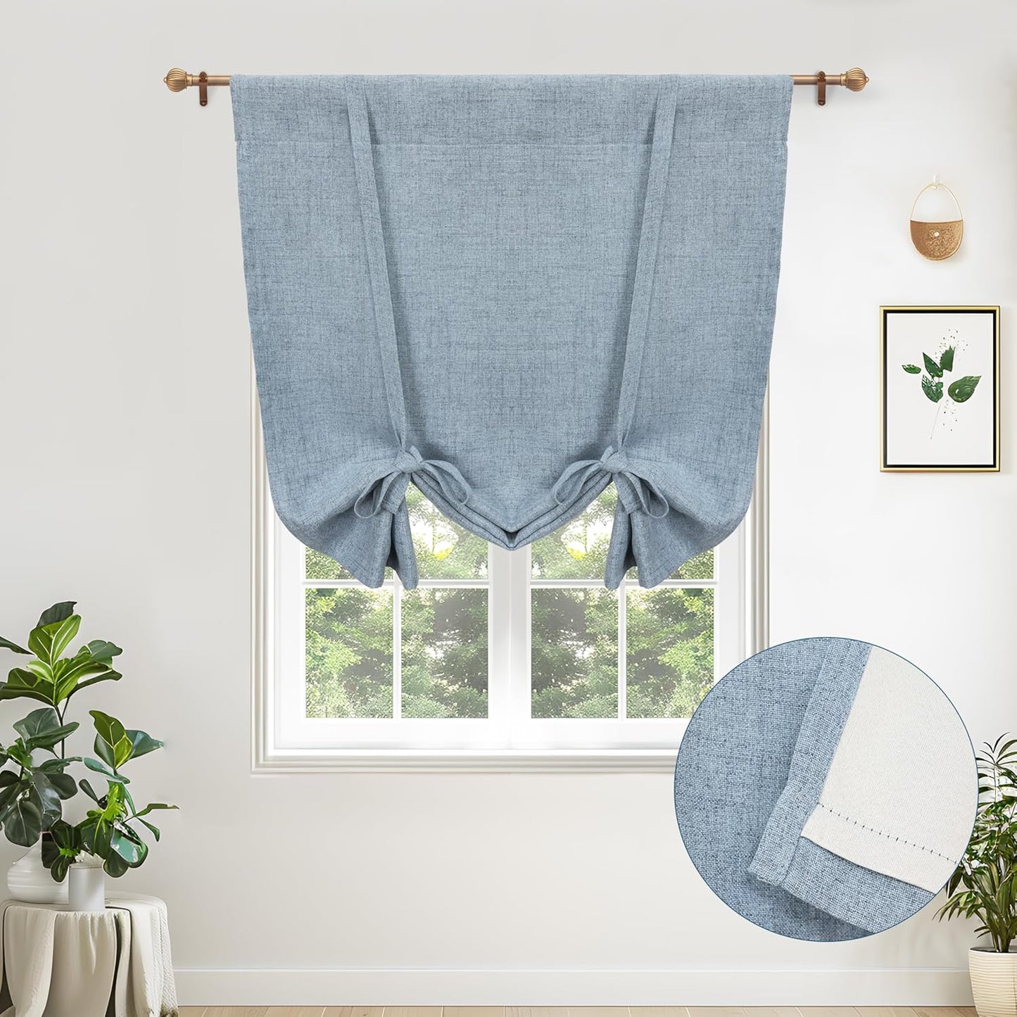 DriftAway Double Layer Linen Blackout Tie Up Curtains Thermal Insulated Fully Lined Balloon Roman Shade Bathroom Window Adjustable Rod Pocket for Small Window 31 Inch by 47 Inch Light Linen