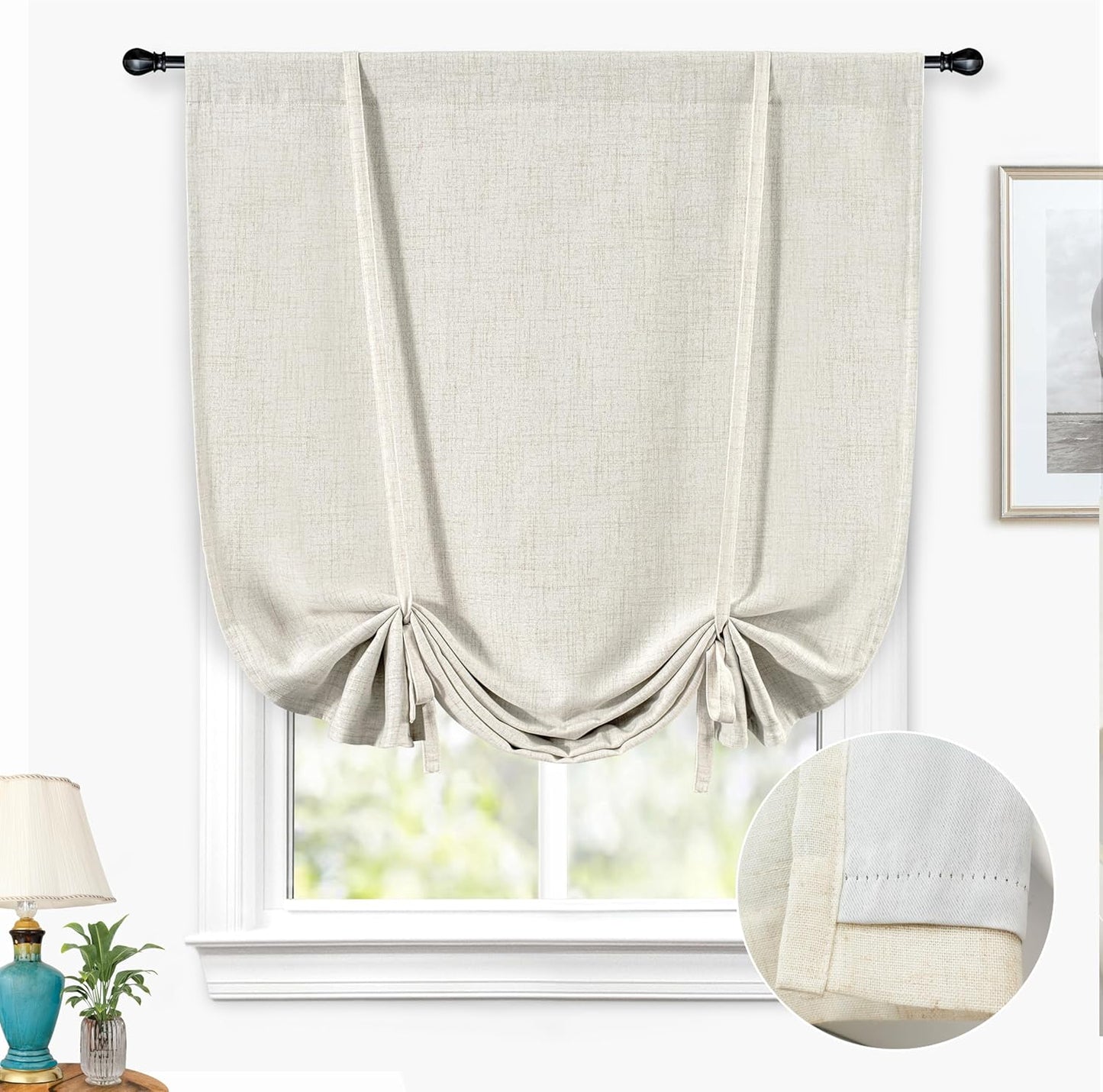 DriftAway Double Layer Linen Blackout Tie Up Curtains Thermal Insulated Fully Lined Balloon Roman Shade Bathroom Window Adjustable Rod Pocket for Small Window 31 Inch by 47 Inch Light Linen