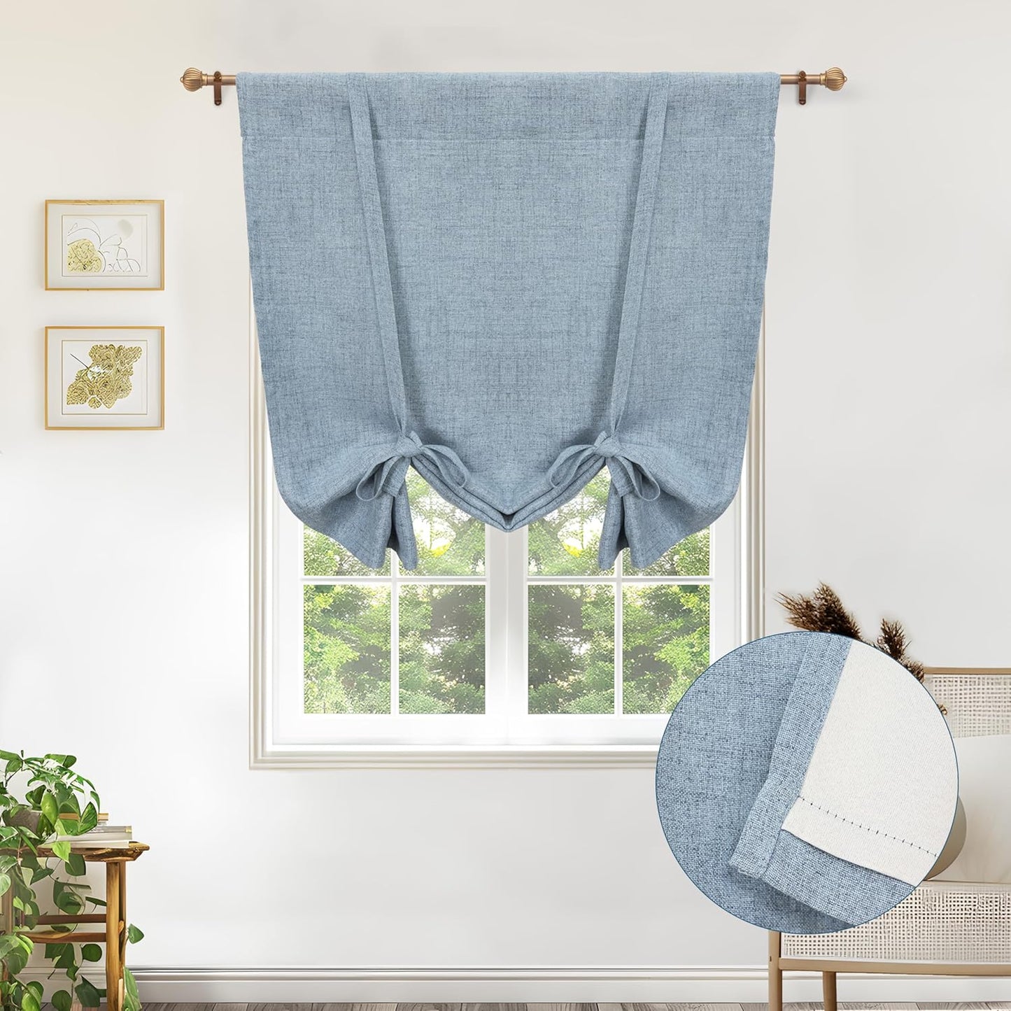 DriftAway Double Layer Linen Blackout Tie Up Curtains Thermal Insulated Fully Lined Balloon Roman Shade Bathroom Window Adjustable Rod Pocket for Small Window 31 Inch by 47 Inch Light Linen