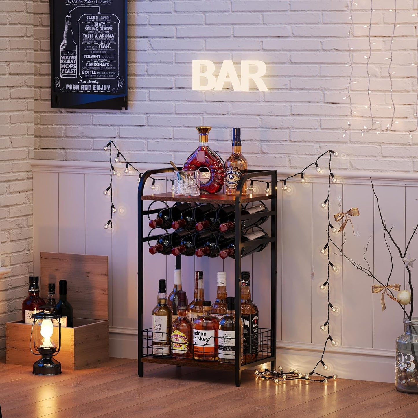 3-Tier Wine Bar Table: Small Liquor Bottle Holder with 8-Bottle Wine Rack Mini Wine Bar Cabinet Corner Whiskey Display Shelf Floor Liquor Storage Bar for Home Living Room