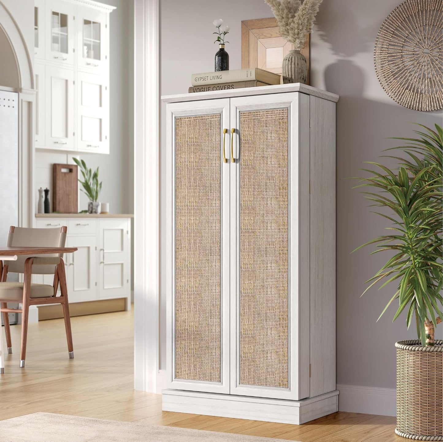 50" LED Kitchen Pantry Storage Cabinets - Standing Food Cabinets Cupboards with 2 Doors with Racks and Shelves Adjustable for Small Space in Dinning Room, Living Room, in White