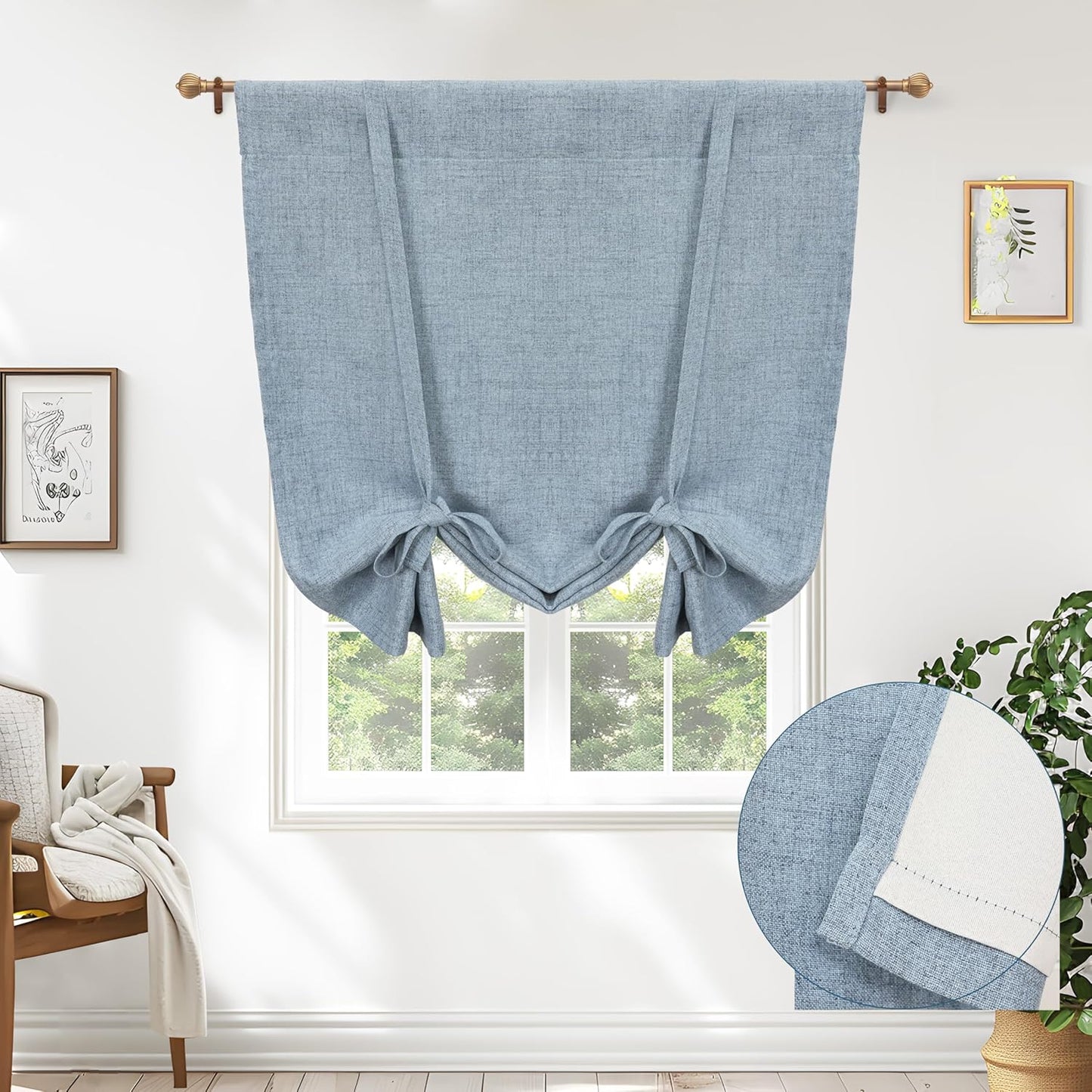 DriftAway Double Layer Linen Blackout Tie Up Curtains Thermal Insulated Fully Lined Balloon Roman Shade Bathroom Window Adjustable Rod Pocket for Small Window 31 Inch by 47 Inch Light Linen