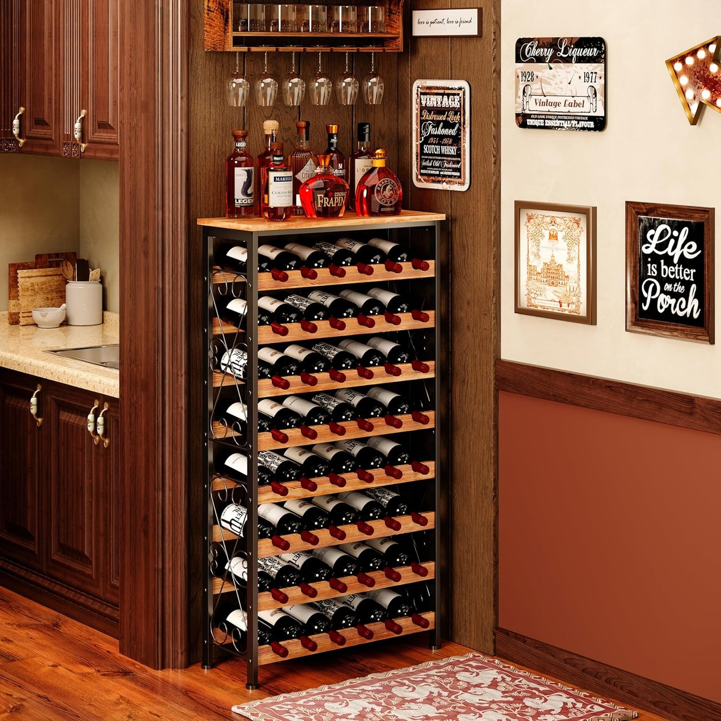 64 Bottles Wine Rack Freestanding Floor with 2 in 1 LED Light, Wine Bottle Rack Wine Holder Wine Storage Shelf for Kitchen Bar Pantry, Tall Wine Cabinet Stand Display 31.85''L X 10.6''W X 47.95''H