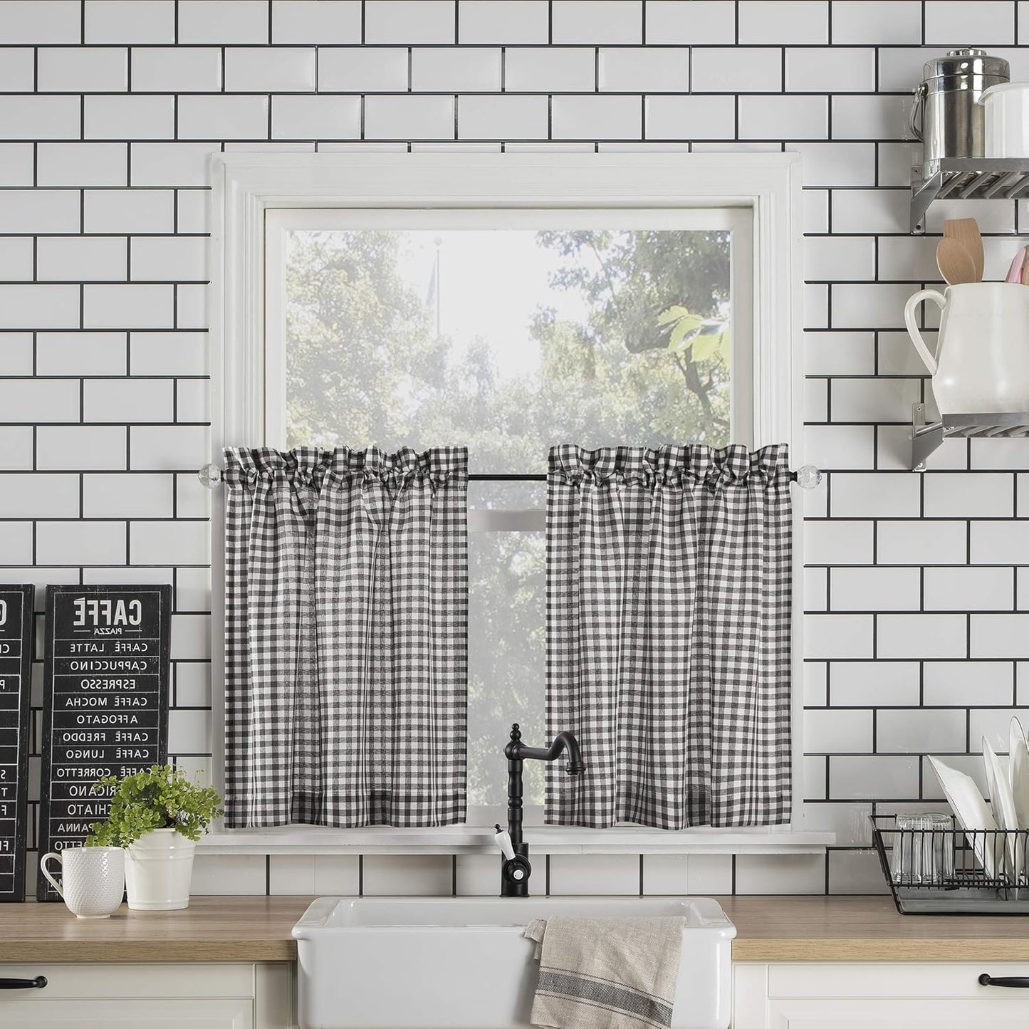 No. 918 Parkham Farmhouse Plaid Semi-Sheer Rod Pocket Kitchen Curtain Valance and Tiers Set, 54" x 24", Black/White