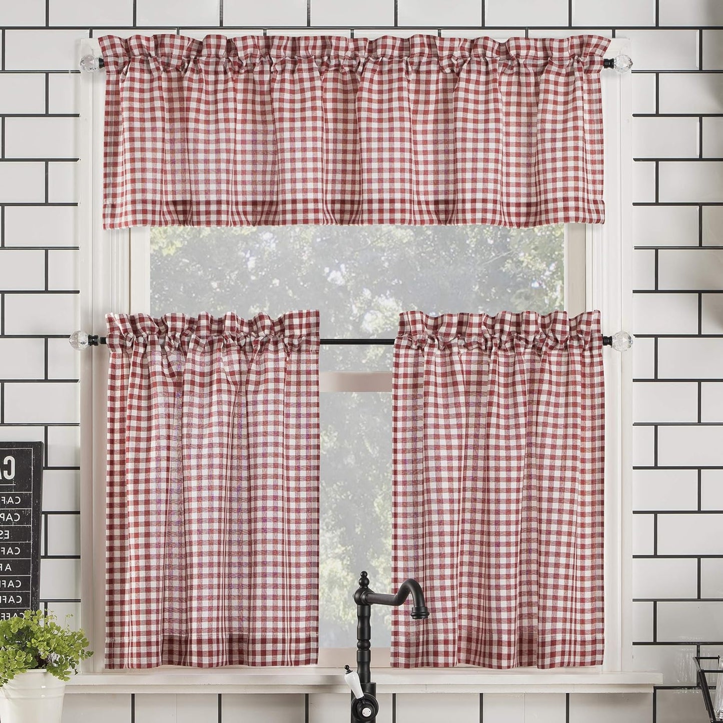 No. 918 Parkham Farmhouse Plaid Semi-Sheer Rod Pocket Kitchen Curtain Valance and Tiers Set, 54" x 24", Black/White