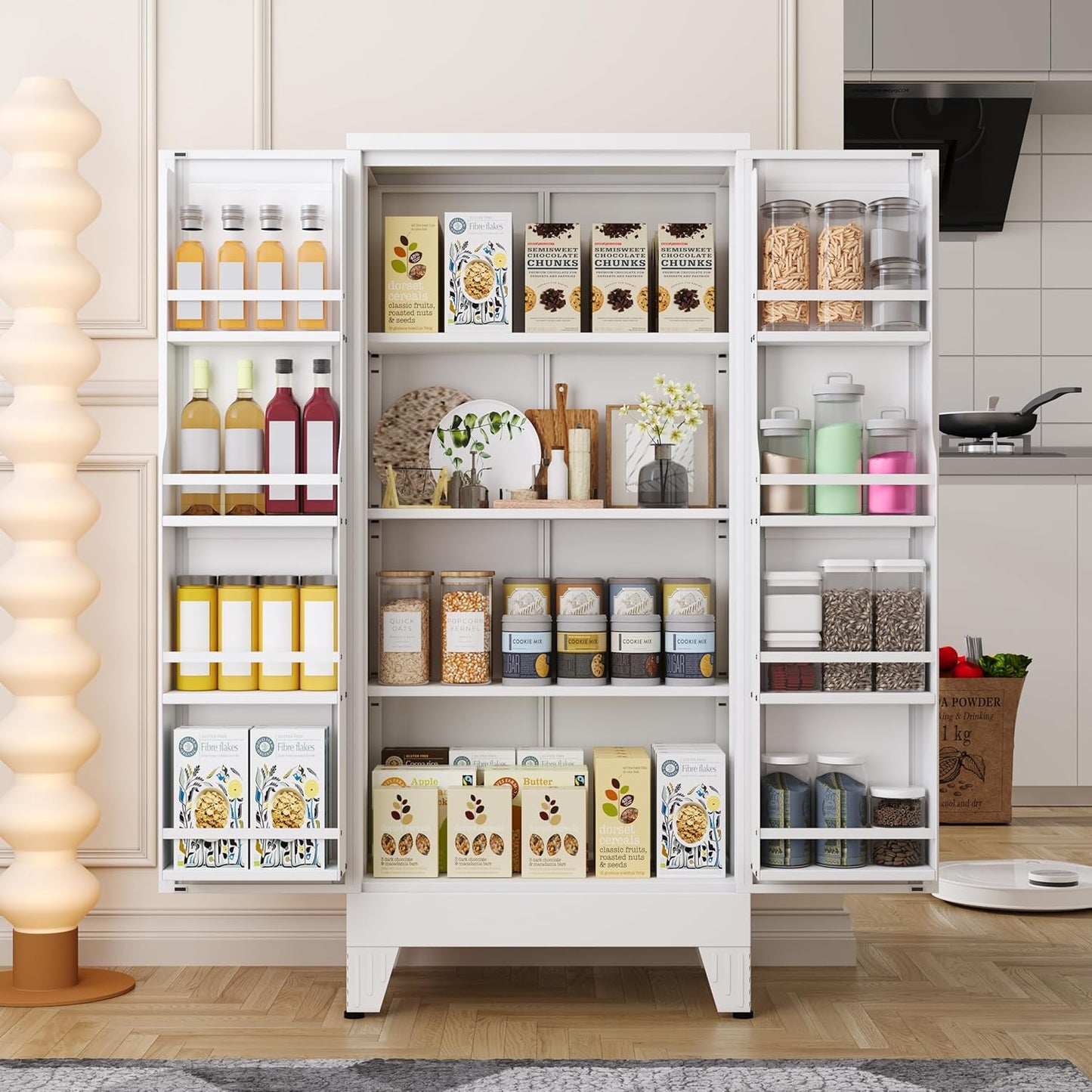 White Metal Kitchen Storage Cabinet, Kitchen Pantry Storage Cabinet with Doors and Shelves, Storage Cabinet with Adjustable Leveling Foot for Kitchen, Living Room and Dining Room. 61" H