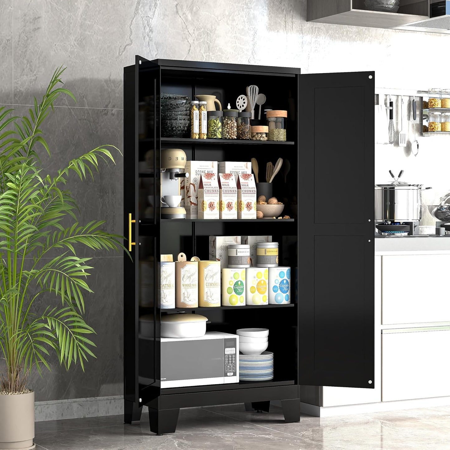 51" Metal Kitchen Pantry Cabinet, Storage Cabinets with 2 Door and 3 Adjustable Shelves, White Freestanding Food Storage Cabinet, Steel Cupboard for Kitchen Dinning Room