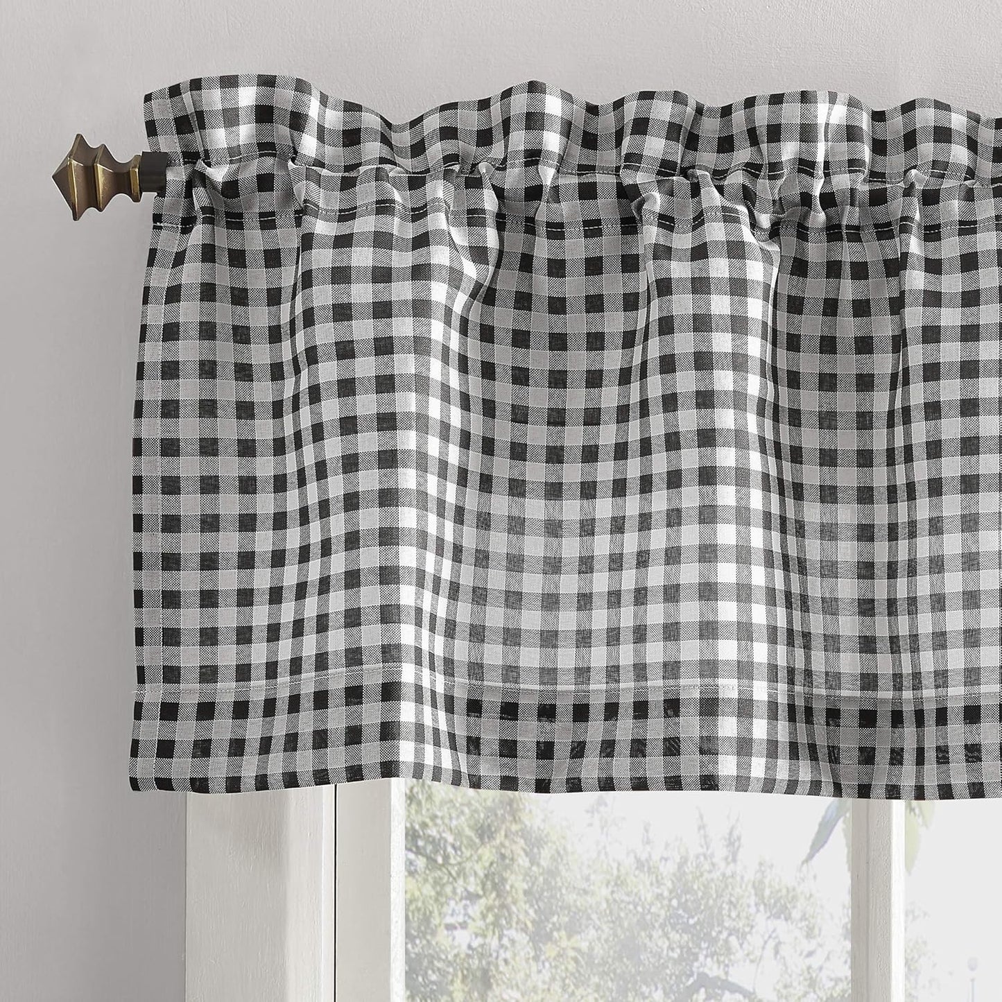No. 918 Parkham Farmhouse Plaid Semi-Sheer Rod Pocket Kitchen Curtain Valance and Tiers Set, 54" x 24", Black/White