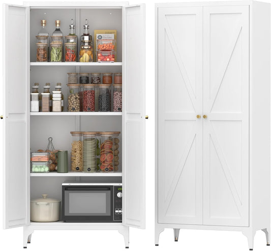 65" H Metal Storage Cabinet with Doors and Adjustable Shelves, Kitchen Food Pantry Cabinet, White Steel Cabinets Locker for Kitchen, Bedroom, Dining Room, Office