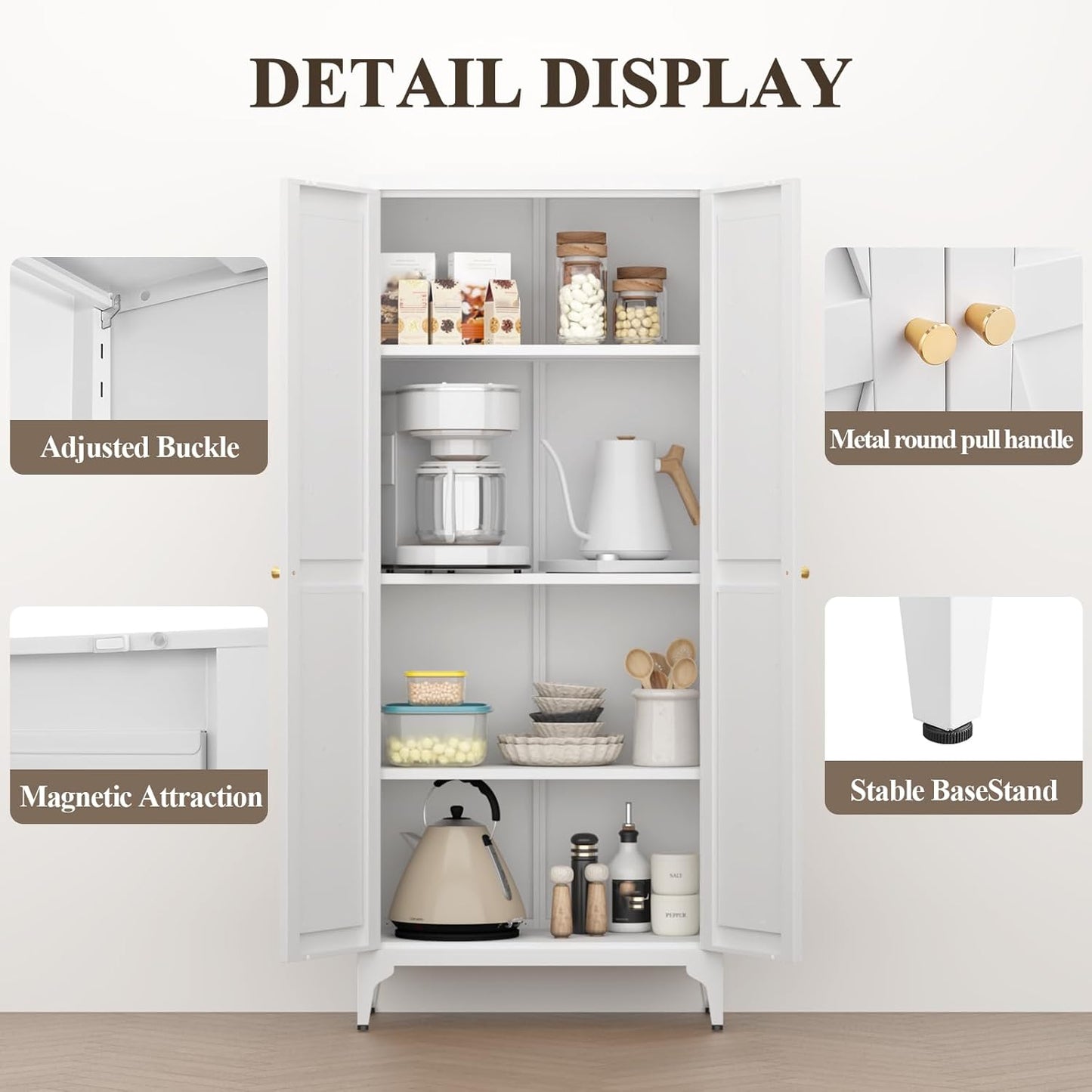 65" H Metal Storage Cabinet with Doors and Adjustable Shelves, Kitchen Food Pantry Cabinet, White Steel Cabinets Locker for Kitchen, Bedroom, Dining Room, Office