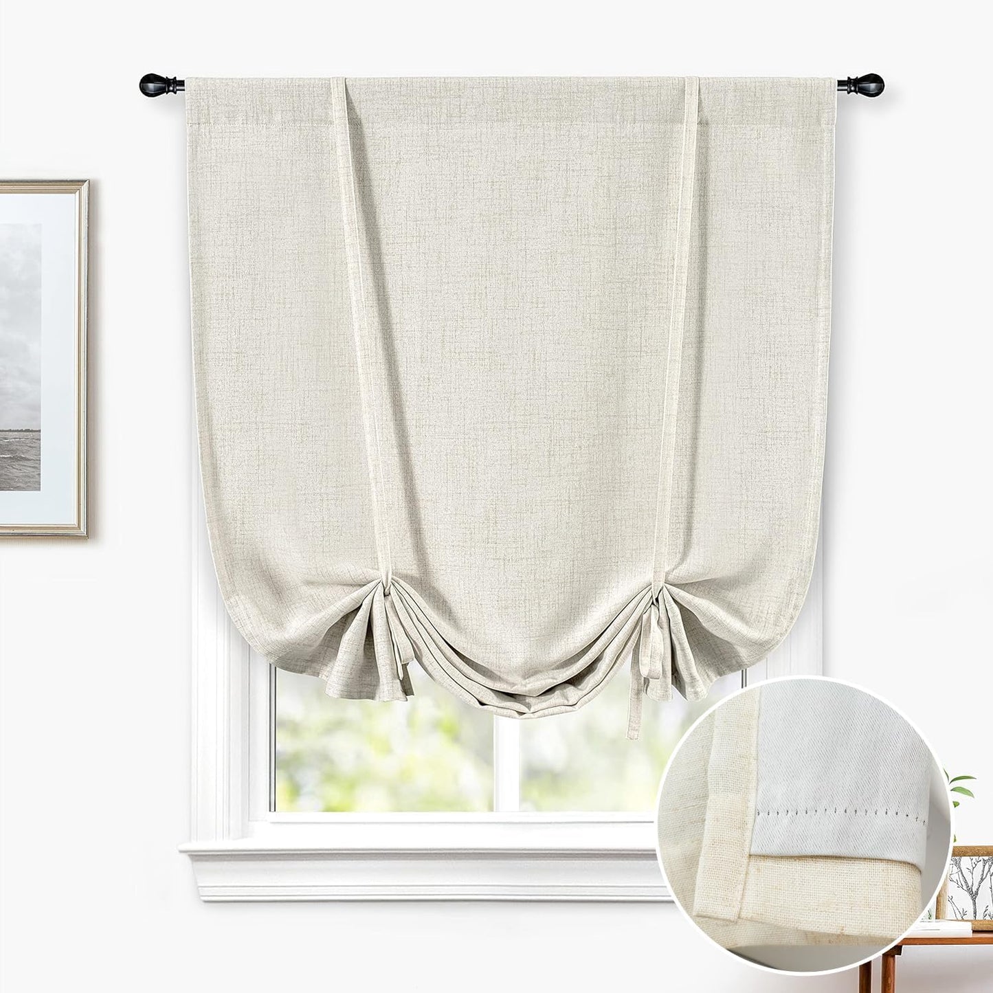 DriftAway Double Layer Linen Blackout Tie Up Curtains Thermal Insulated Fully Lined Balloon Roman Shade Bathroom Window Adjustable Rod Pocket for Small Window 31 Inch by 47 Inch Light Linen