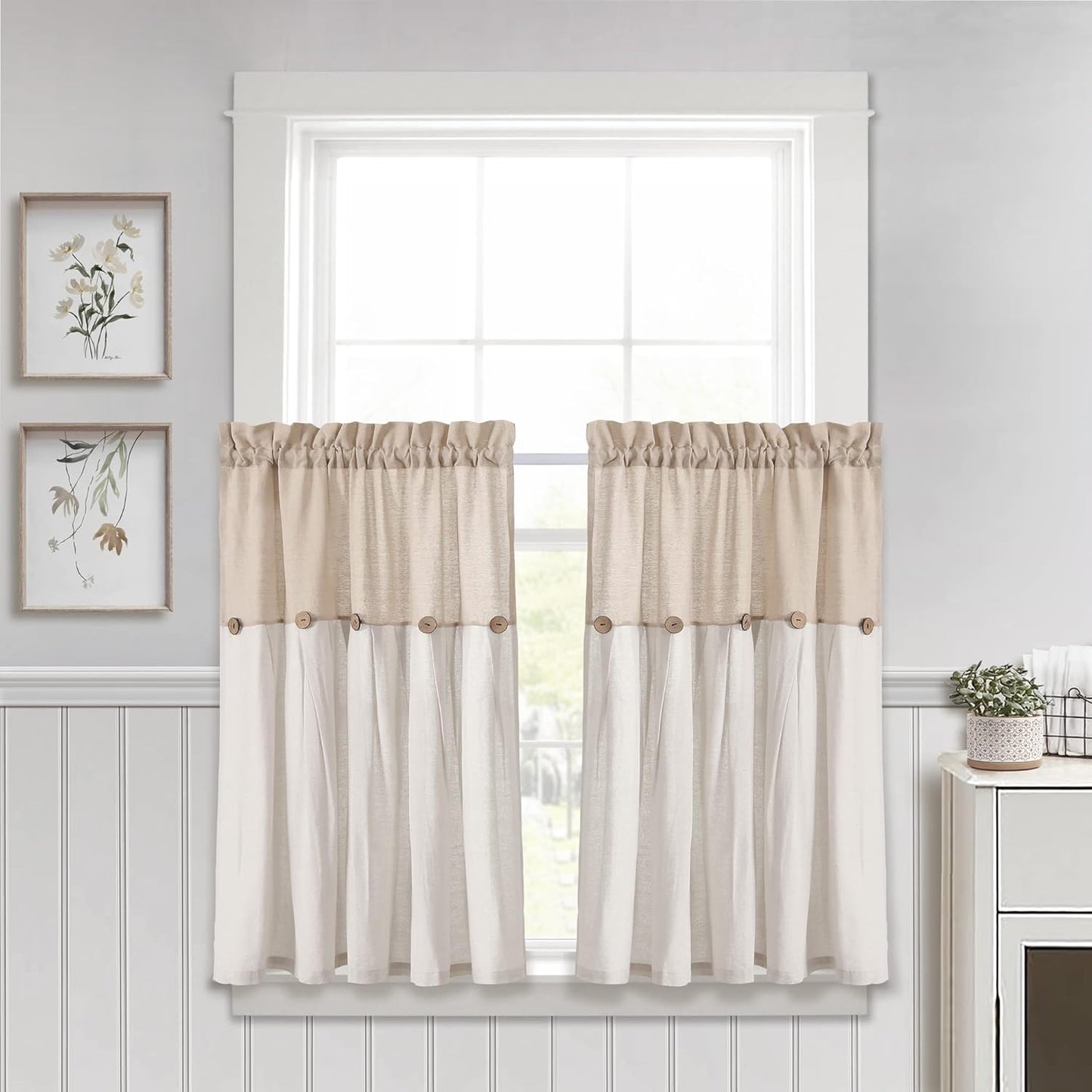 Lush Decor Linen Button Farmhouse Curtains Tier Set, Pair, 29" W x 36" L, Gray & White Farmhouse Curtains Kitchen