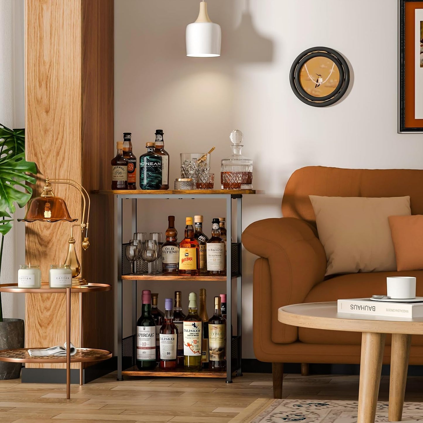 Floor Standing Freestanding Whiskey Rack: 3 Tier Wine Rack Mini Bar Table Corner Wine Bottle Display Stand Liquor Cabinet Bar, for Bottles,Cocktail Shaker,Mugs