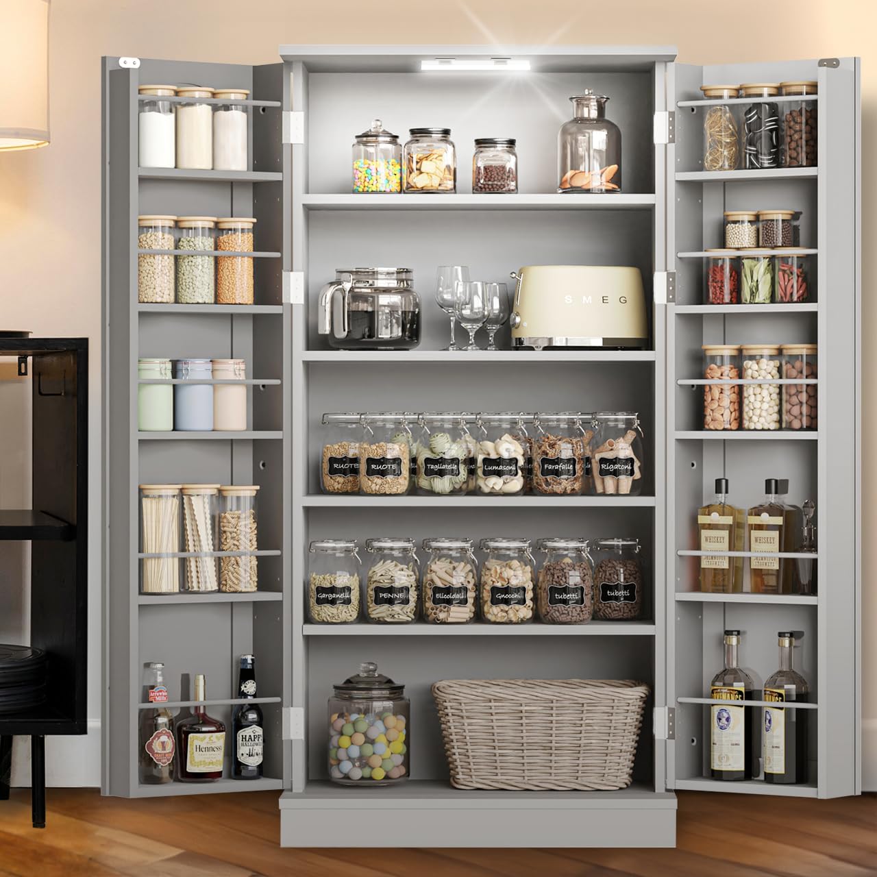 50" LED Kitchen Pantry Storage Cabinets - Standing Food Cabinets Cupboards with 2 Doors with Racks and Shelves Adjustable for Small Space in Dinning Room, Living Room, in White