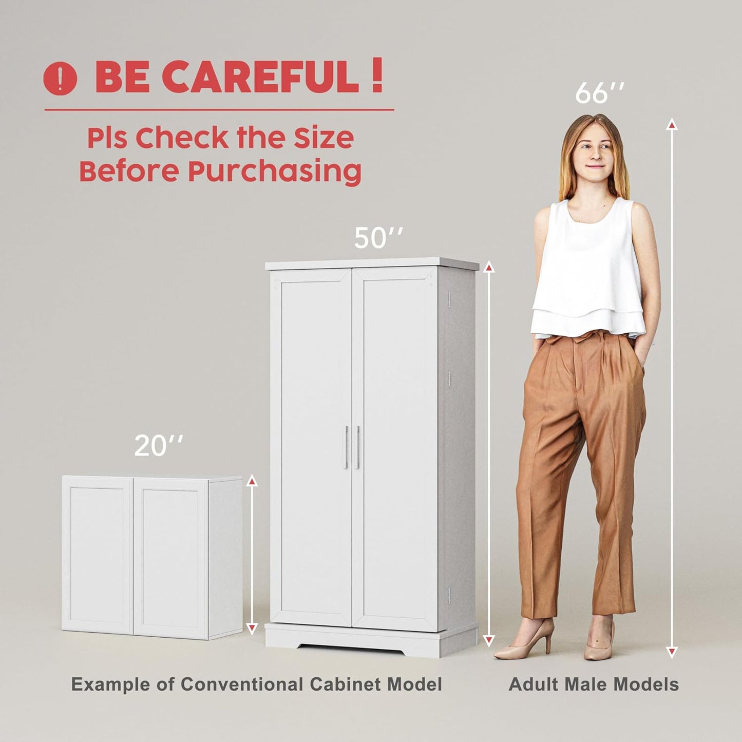 50" LED Kitchen Pantry Storage Cabinets - Standing Food Cabinets Cupboards with 2 Doors with Racks and Shelves Adjustable for Small Space in Dinning Room, Living Room, in White