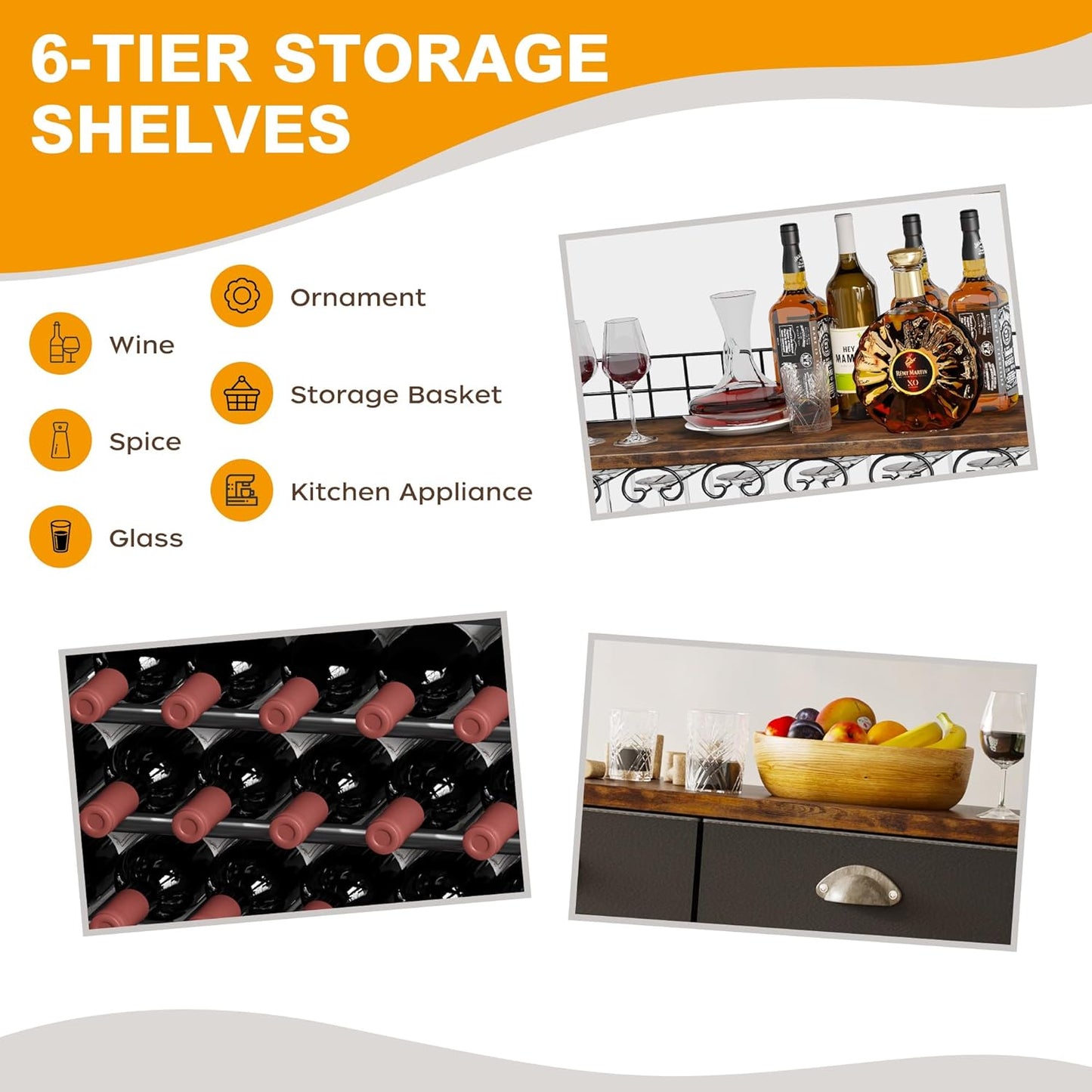 Homeiju Wine Cabinet with Storage, Wine Rack Freestanding Floor, 6-Tier with Tabletop, Drawer and Wine Storage for Home Bars