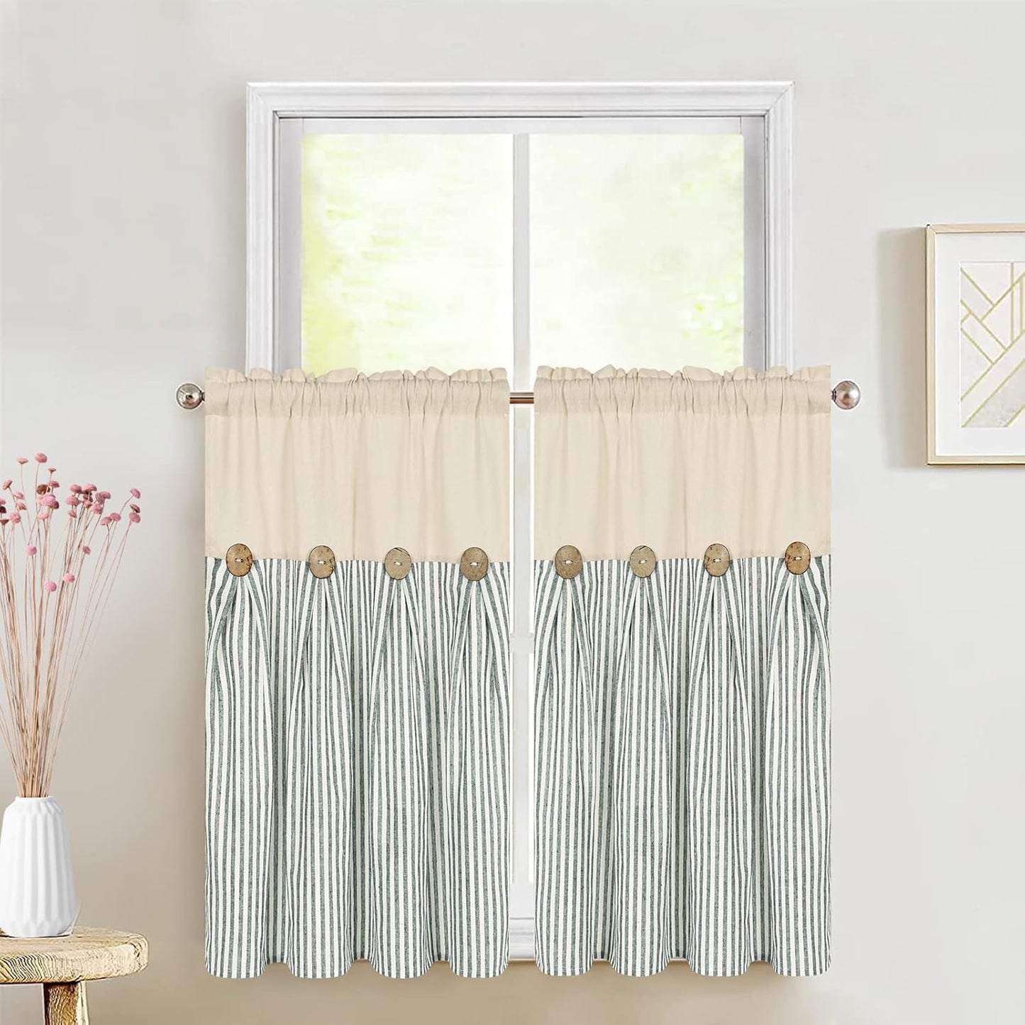 ASPMIZ Cotton Linen Window Treatment Tiers 24 Inch, Boho Rustic Button Kitchen Curtains Farmhouse Style, Grey Stripe Half Window Curtains, Country Short Rod Pocket Curtain for Small Window, 2 Panels