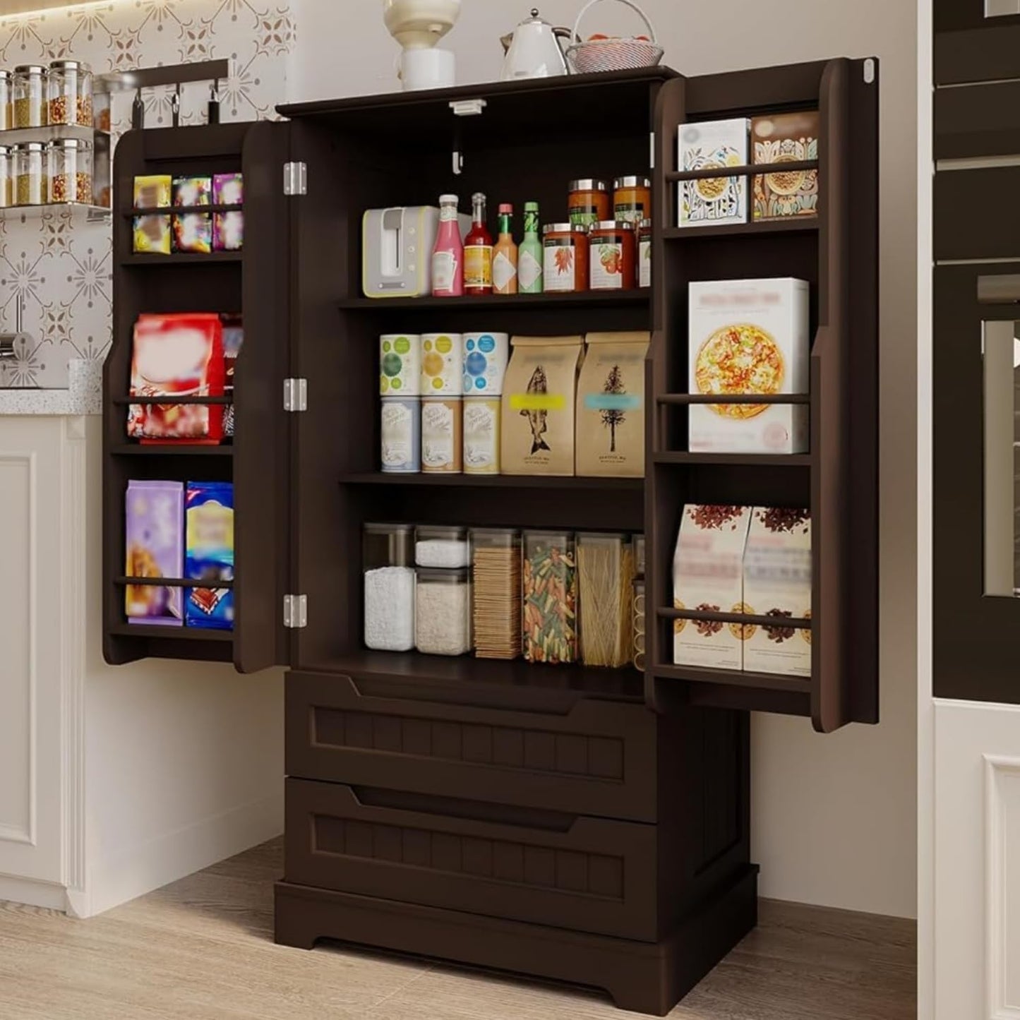 Gizoon Kitchen Pantry Storage Cabinet with Drawers Freestanding Bathroom Storage Cabinets with Doors and Shelves, 47" Small Wooden Food Pantry Cabinet for Dining Room Craft Room, Dark Brown