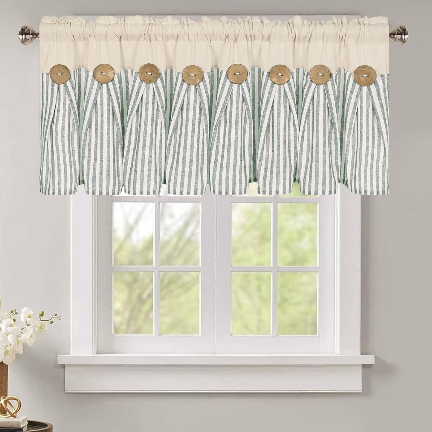 ASPMIZ Cotton Linen Window Treatment Tiers 24 Inch, Boho Rustic Button Kitchen Curtains Farmhouse Style, Grey Stripe Half Window Curtains, Country Short Rod Pocket Curtain for Small Window, 2 Panels