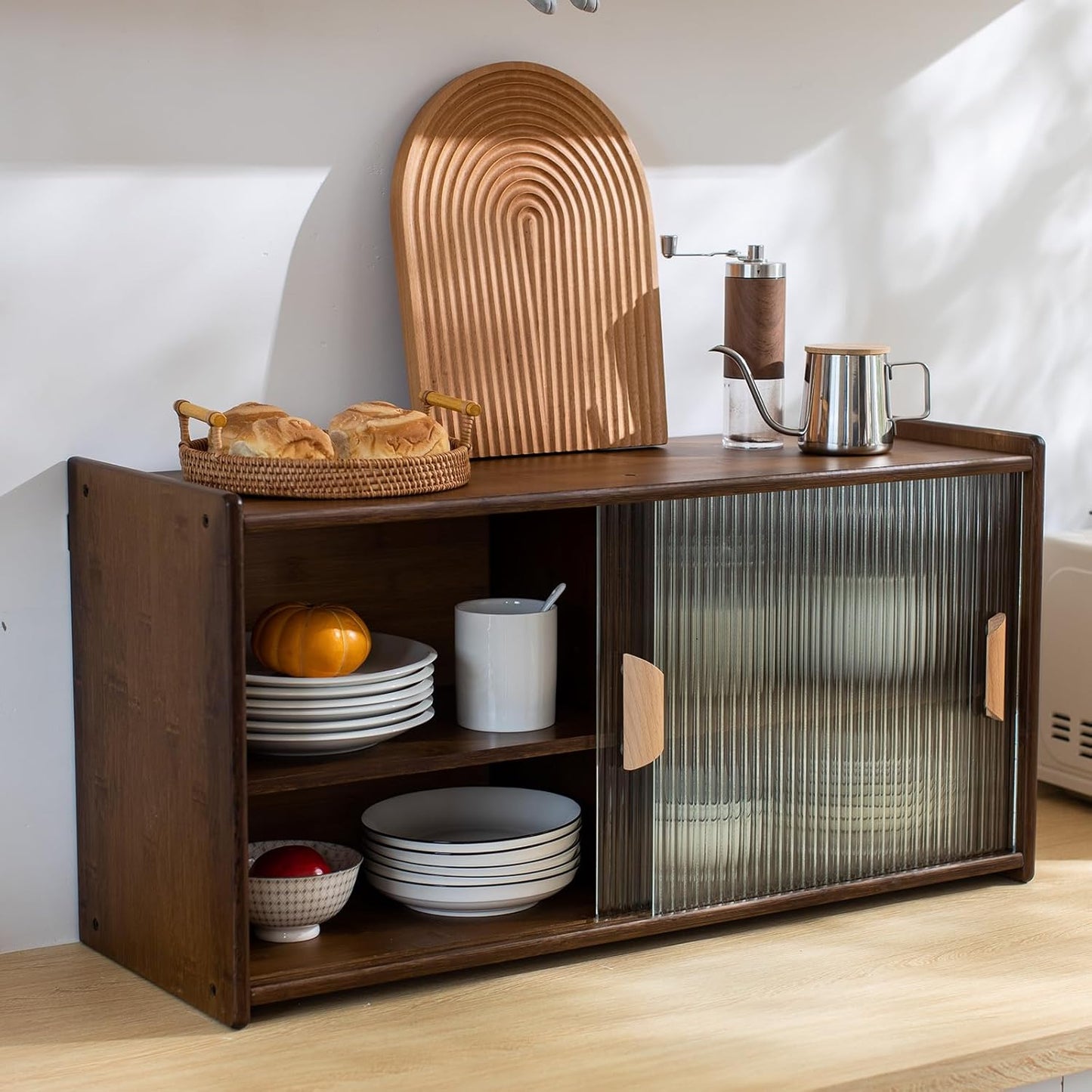 Tiita Small Kitchen Pantry Cabinet, Bamboo Wall Sideboard with Glass Doors, Cupboard Food Pantry Cabinet for Kitchen, Living Room and Dinning Bedroom
