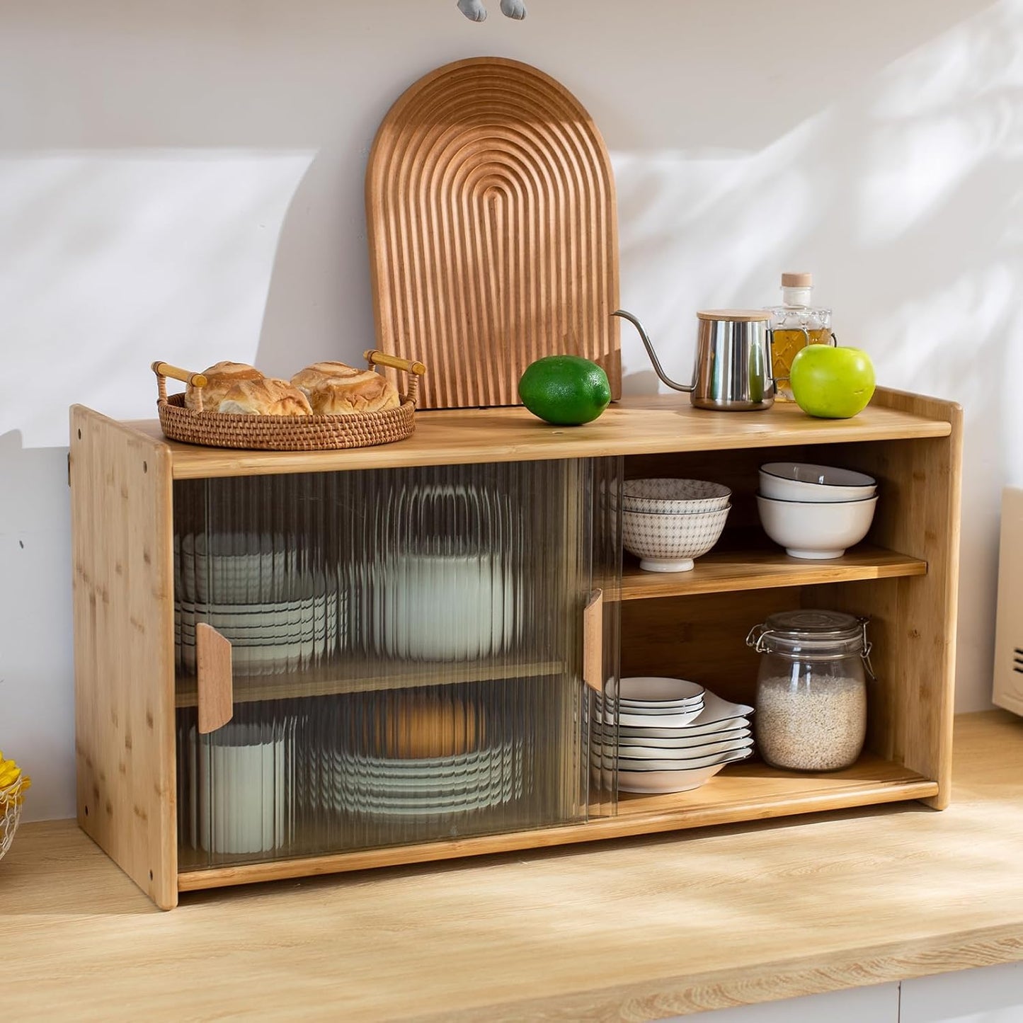 Tiita Small Kitchen Pantry Cabinet, Bamboo Wall Sideboard with Glass Doors, Cupboard Food Pantry Cabinet for Kitchen, Living Room and Dinning Bedroom