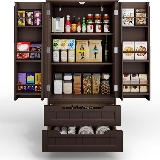 Gizoon Kitchen Pantry Storage Cabinet with Drawers Freestanding Bathroom Storage Cabinets with Doors and Shelves, 47" Small Wooden Food Pantry Cabinet for Dining Room Craft Room, Dark Brown