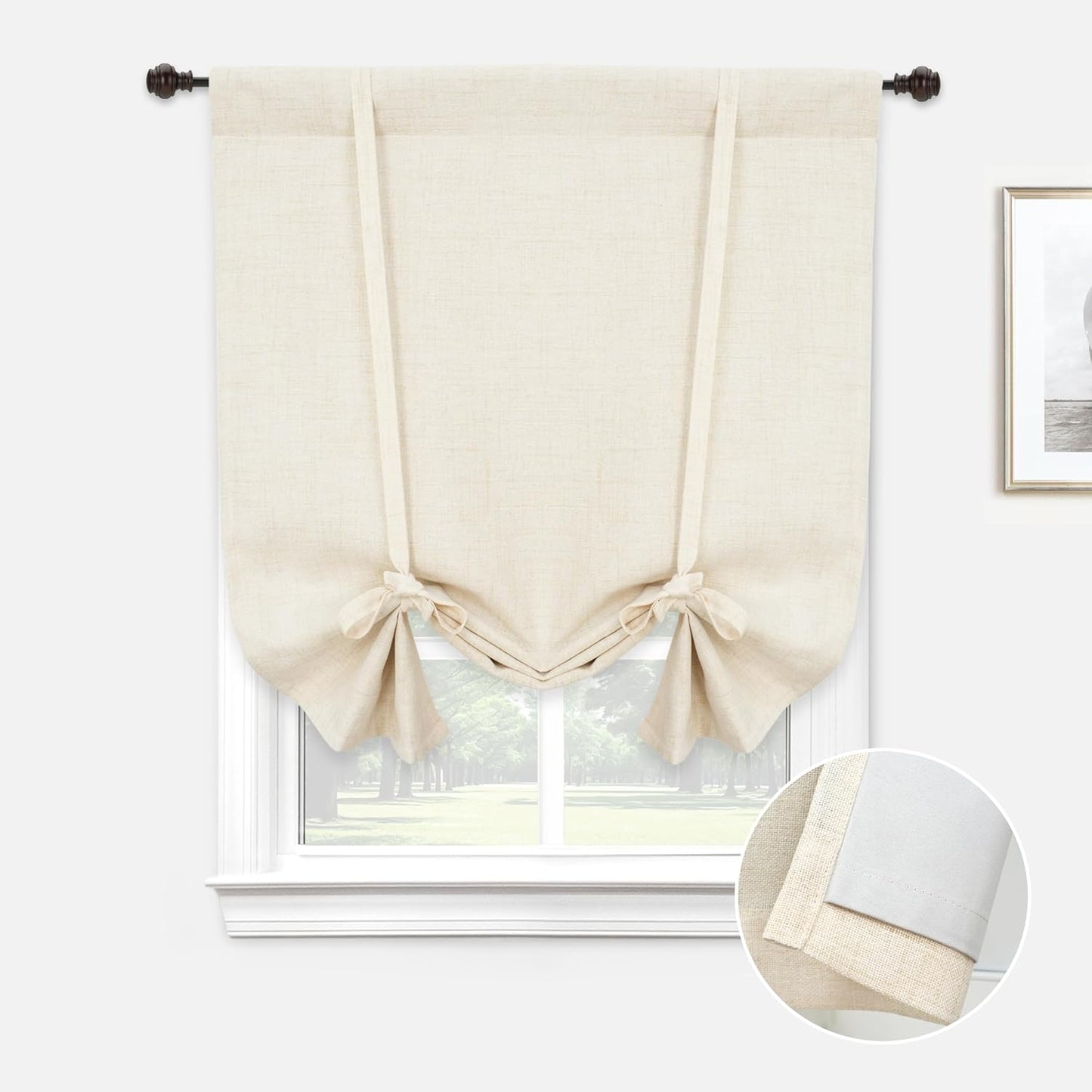 DriftAway Double Layer Linen Blackout Tie Up Curtains Thermal Insulated Fully Lined Balloon Roman Shade Bathroom Window Adjustable Rod Pocket for Small Window 31 Inch by 47 Inch Light Linen