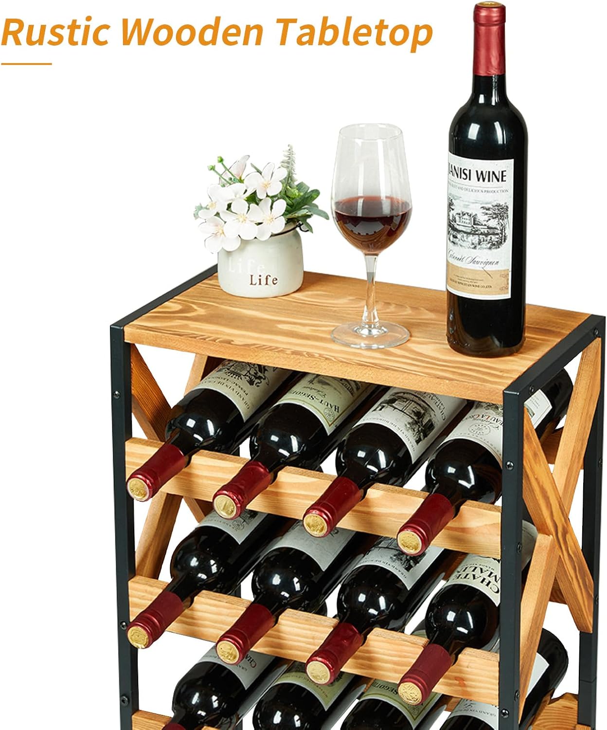 20 Bottle Wine Rack Freestanding Floor with Wood Top,Wobble-Free 5 Tier Wine Display Storage Stand Shelf,Stackable Modular Wine Bottle Holder Rack for Kitchen,Cellar,Living Room