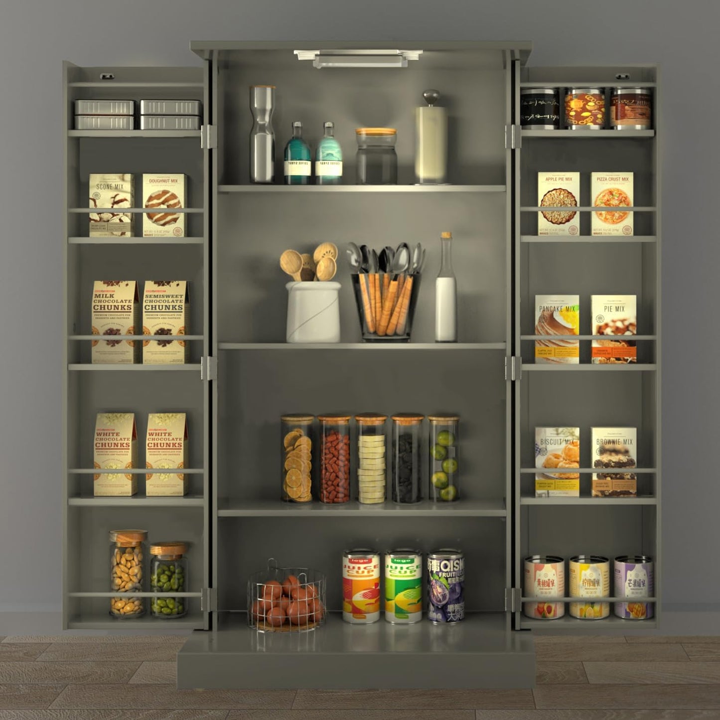 50" LED Kitchen Pantry Cabinet White Storage Cabinet Food Pantry with Doors and Adjustable Shelves Freestanding Buffet Cupboards Sideboard for Kitchen Living Room and Dinning Room