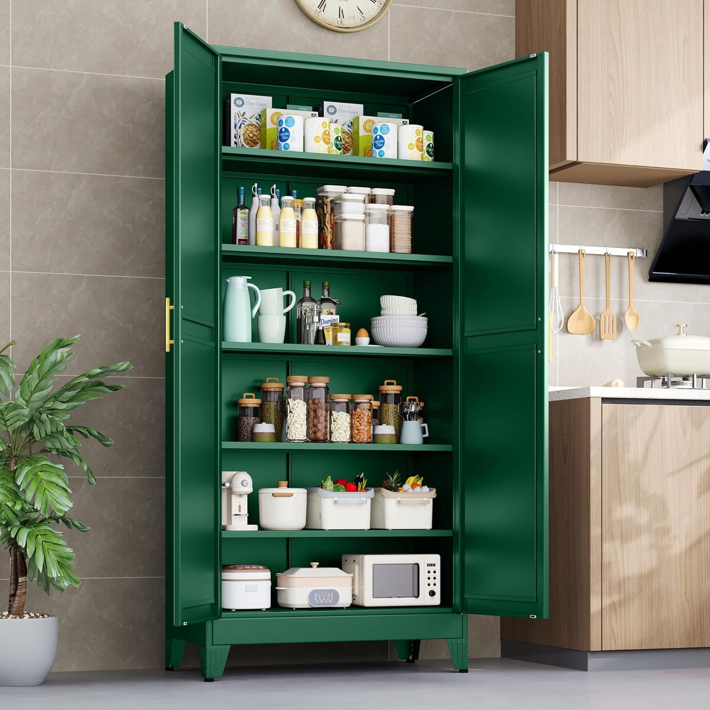White Metal Kitchen Storage Cabinet, Kitchen Pantry Storage Cabinet with Doors and Shelves, Storage Cabinet with Adjustable Leveling Foot for Kitchen, Living Room and Dining Room. 61" H