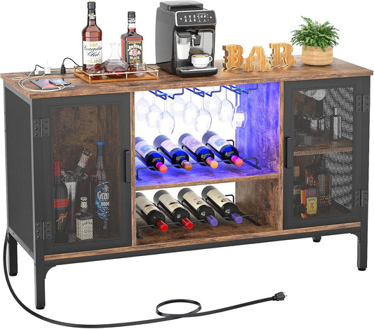 Homieasy Wine Bar Cabinet with Power Outlets & LED Lights, Industrial Liquor Cabinet with Adjustable Wine Racks, Coffee Station Cabinets with Storage for Kitchen/Home, Rustic Brown