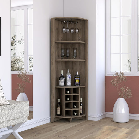 Penau Corner Bar Cabinet Three Shelves Eight Built-in Wine Rack Two Side Shelves Dark Brown 19.20 x 19.20 x 71.10 Inchs
