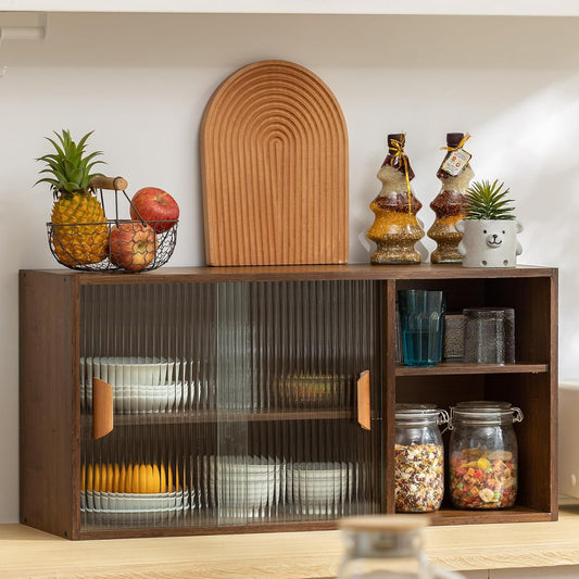 Tiita Small Kitchen Pantry Cabinet, Bamboo Wall Sideboard with Glass Doors, Cupboard Food Pantry Cabinet for Kitchen, Living Room and Dinning Bedroom