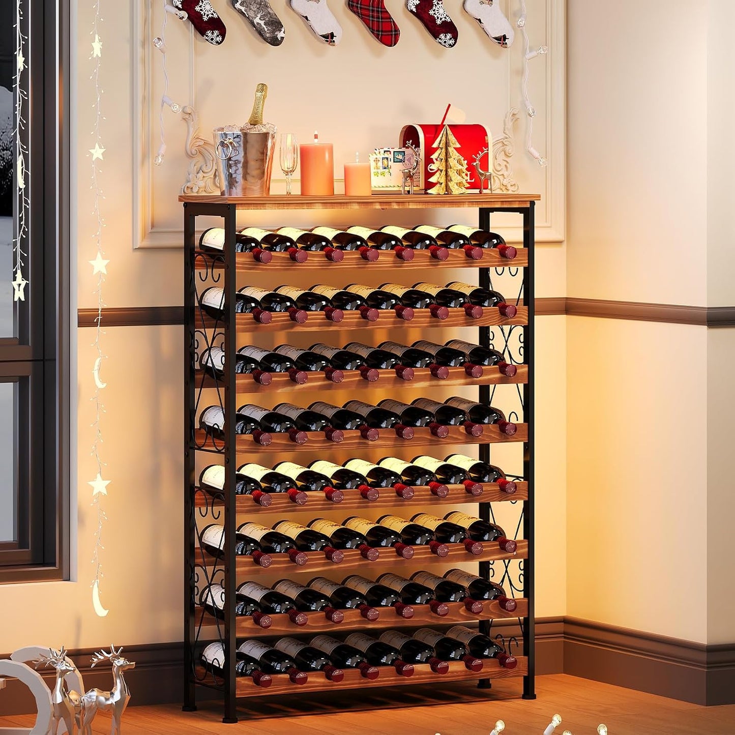 64 Bottles Wine Rack Freestanding Floor with 2 in 1 LED Light, Wine Bottle Rack Wine Holder Wine Storage Shelf for Kitchen Bar Pantry, Tall Wine Cabinet Stand Display 31.85''L X 10.6''W X 47.95''H