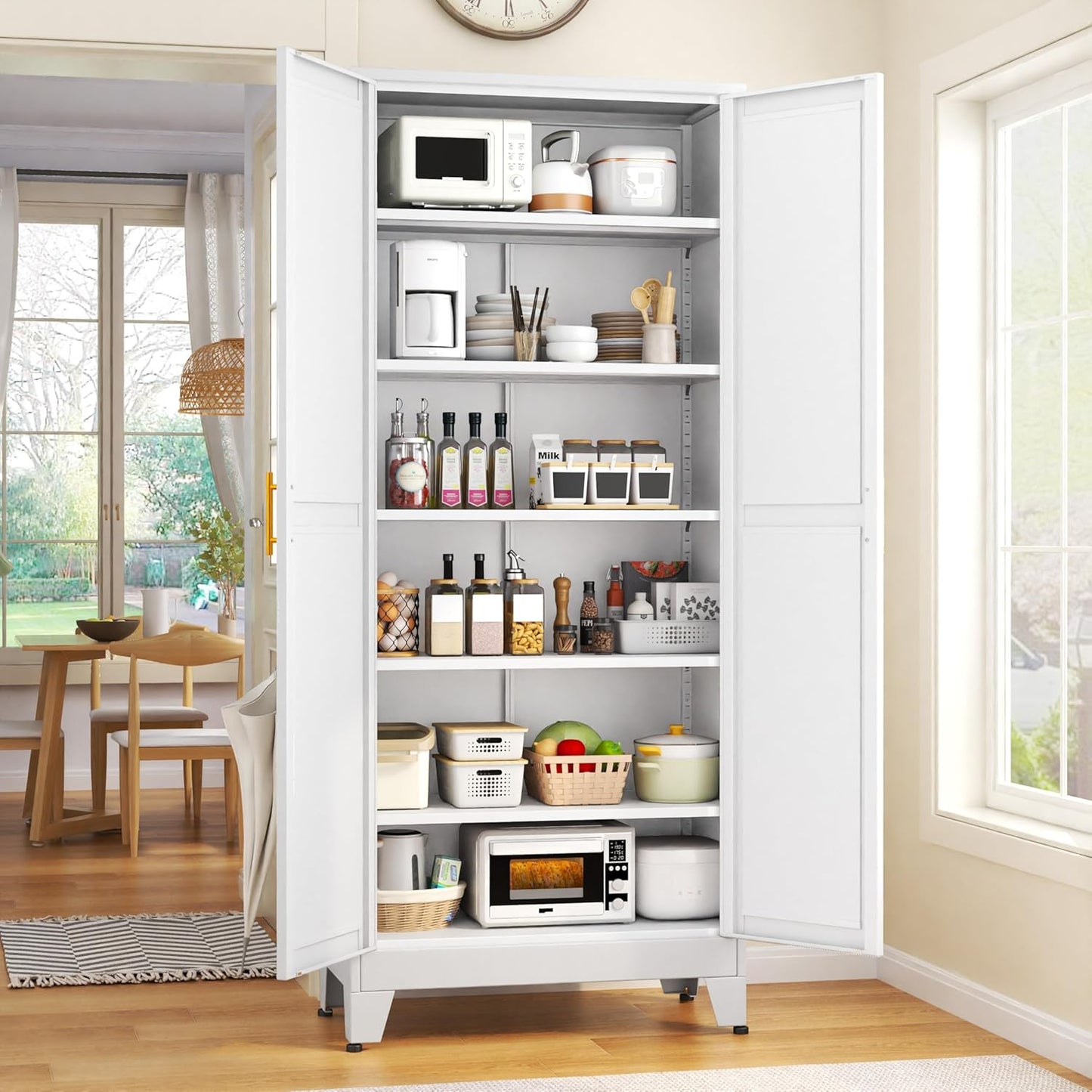 51" Metal Kitchen Pantry Cabinet, Storage Cabinets with 2 Door and 3 Adjustable Shelves, White Freestanding Food Storage Cabinet, Steel Cupboard for Kitchen Dinning Room