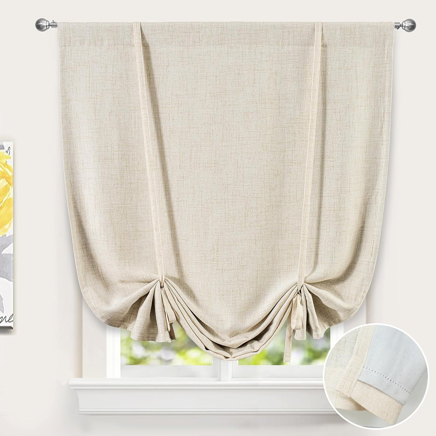 DriftAway Double Layer Linen Blackout Tie Up Curtains Thermal Insulated Fully Lined Balloon Roman Shade Bathroom Window Adjustable Rod Pocket for Small Window 31 Inch by 47 Inch Light Linen