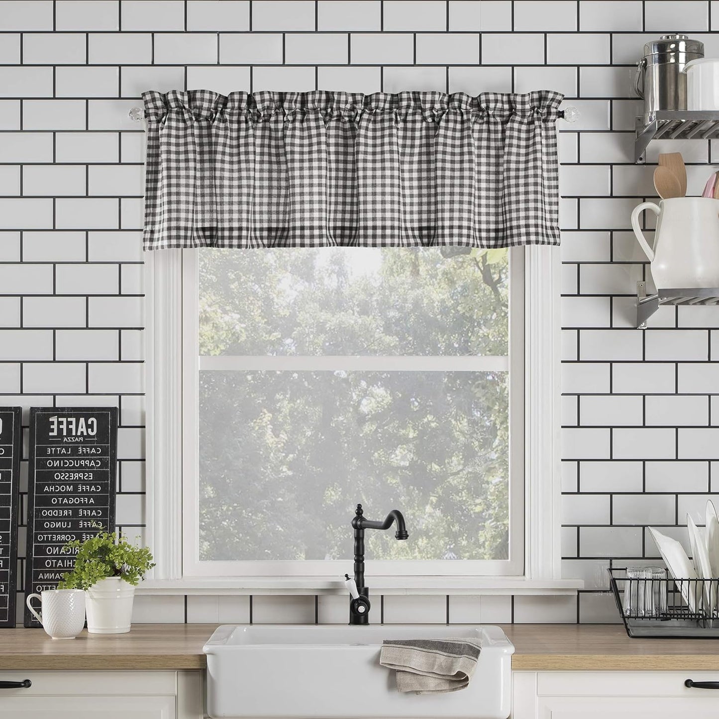 No. 918 Parkham Farmhouse Plaid Semi-Sheer Rod Pocket Kitchen Curtain Valance and Tiers Set, 54" x 24", Black/White