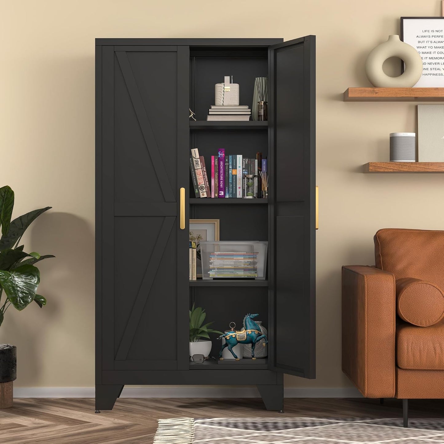 White Farmhouse Storage Kitchen Pantry Cabinet with 2 Barn Door, 3 Adjustable Shelves and Legs, for Cupboard/Dining Room/Bathroom/Living Room/Office/Laundry Room (White, 61" Farmhouse)