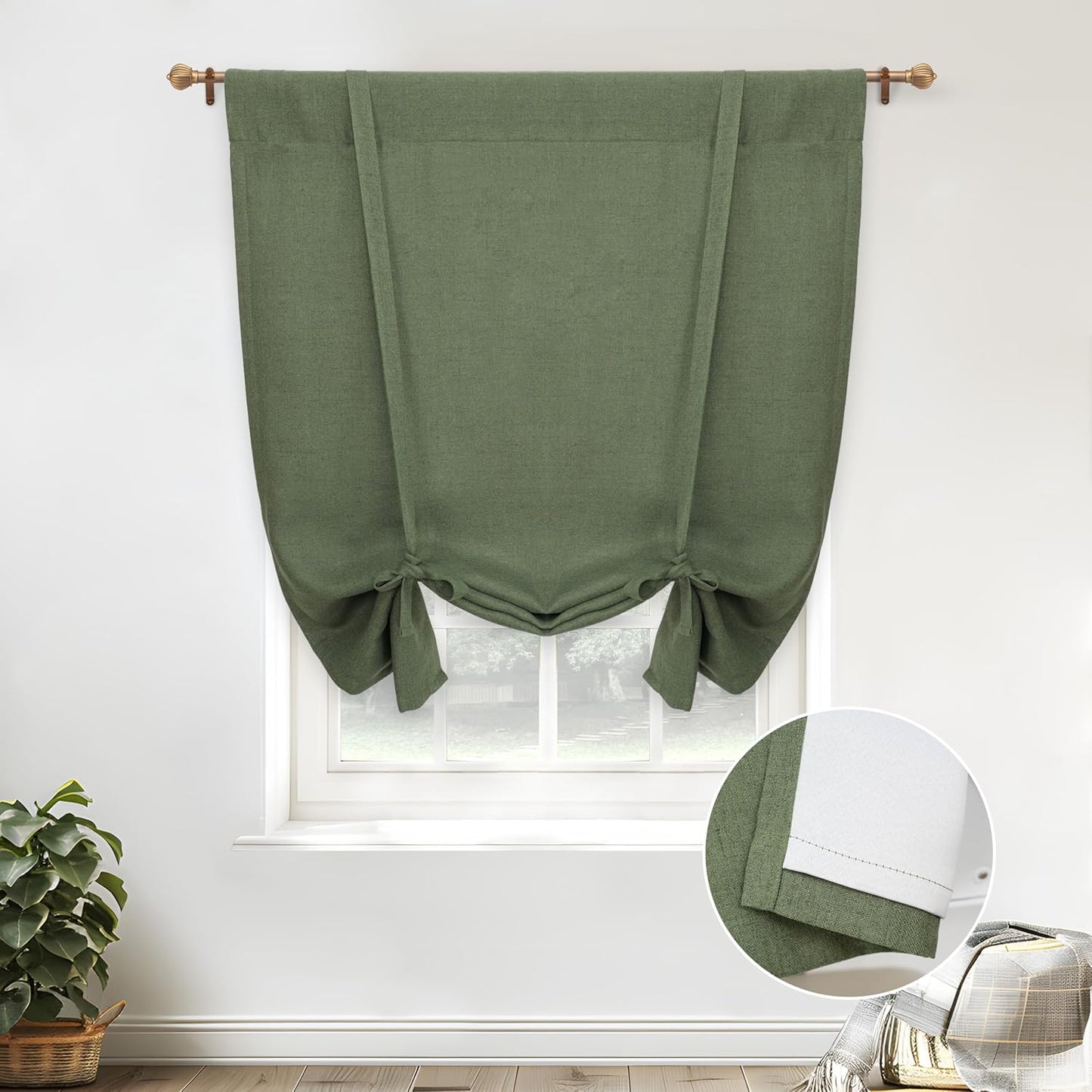 DriftAway Double Layer Linen Blackout Tie Up Curtains Thermal Insulated Fully Lined Balloon Roman Shade Bathroom Window Adjustable Rod Pocket for Small Window 31 Inch by 47 Inch Light Linen