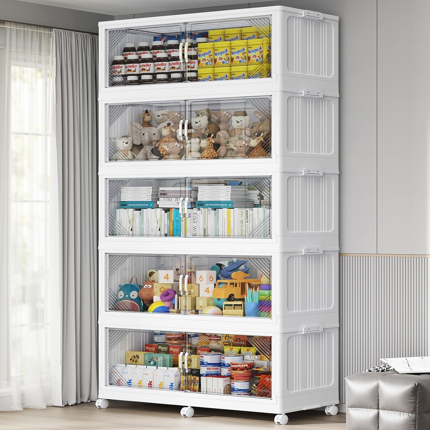 165Gal Plastic Stackable Storage Bins with Lid, 660QT Extra Large Closet Organizers Collapsible Cabinets Boxes With Drawers, Foldable Containers with 6x Wheels for Home Kitchen, V60 3Pack White