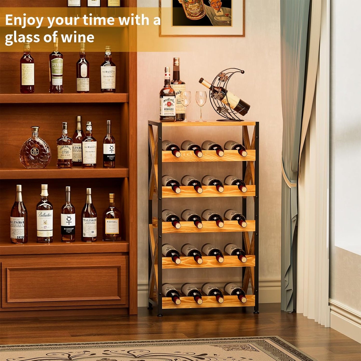 20 Bottle Wine Rack Freestanding Floor with Wood Top,Wobble-Free 5 Tier Wine Display Storage Stand Shelf,Stackable Modular Wine Bottle Holder Rack for Kitchen,Cellar,Living Room