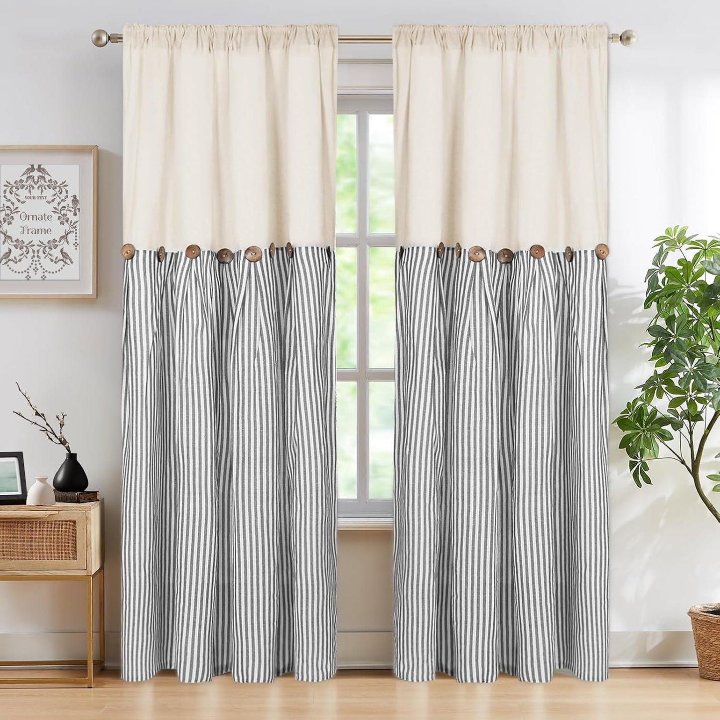 ASPMIZ Cotton Linen Window Treatment Tiers 24 Inch, Boho Rustic Button Kitchen Curtains Farmhouse Style, Grey Stripe Half Window Curtains, Country Short Rod Pocket Curtain for Small Window, 2 Panels