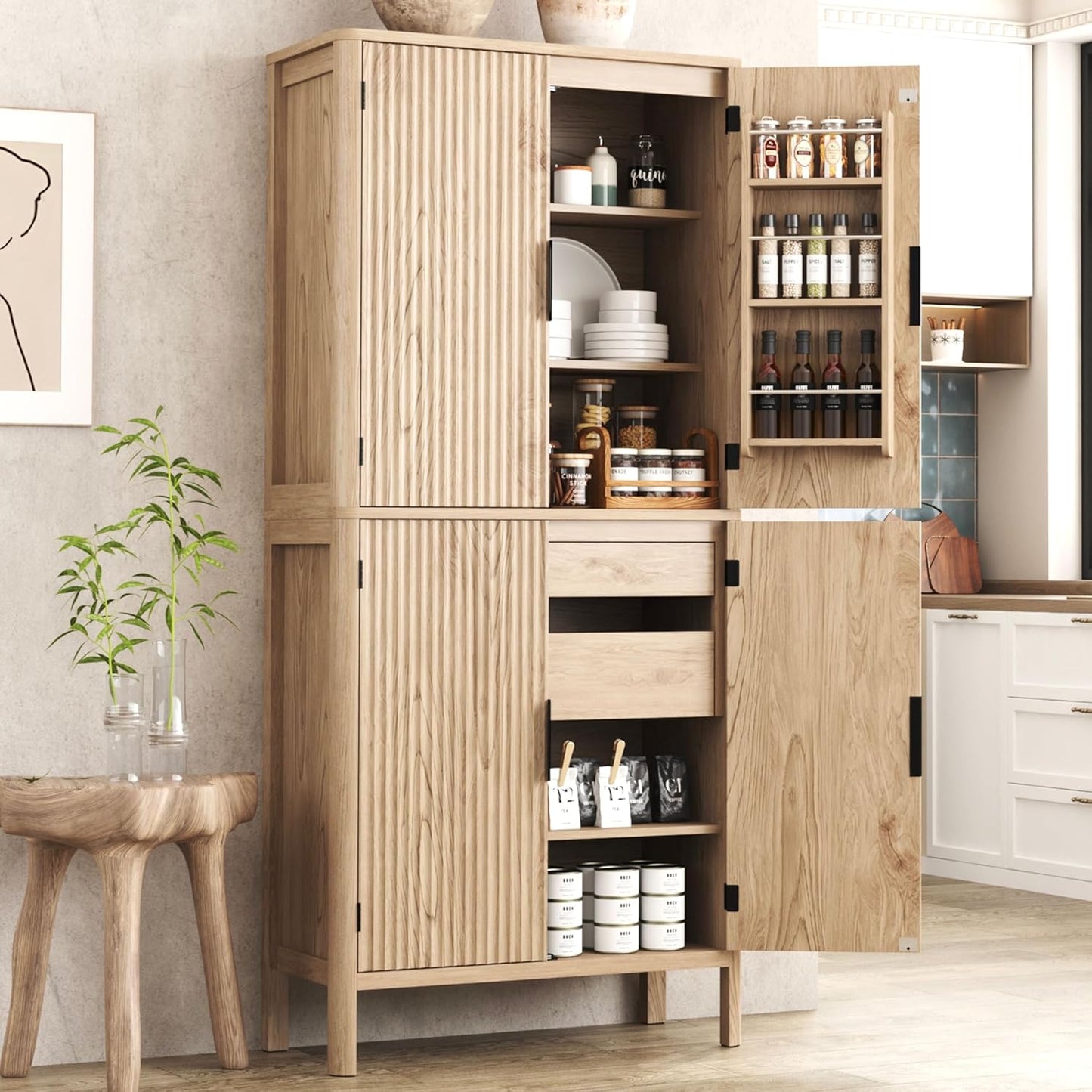 Yusong 72'' Tall Kitchen Pantry Cabinet, Freestanding Storage Cabinet with Doors and Shelves, Wooden Food Pantry Farmhouse Cupboard Buffet for Kitchen Dining Living Room, White