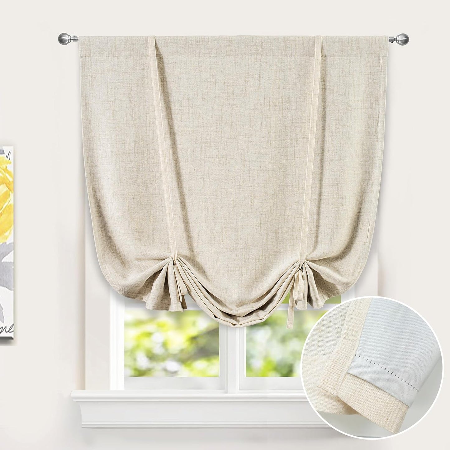 DriftAway Double Layer Linen Blackout Tie Up Curtains Thermal Insulated Fully Lined Balloon Roman Shade Bathroom Window Adjustable Rod Pocket for Small Window 31 Inch by 47 Inch Light Linen